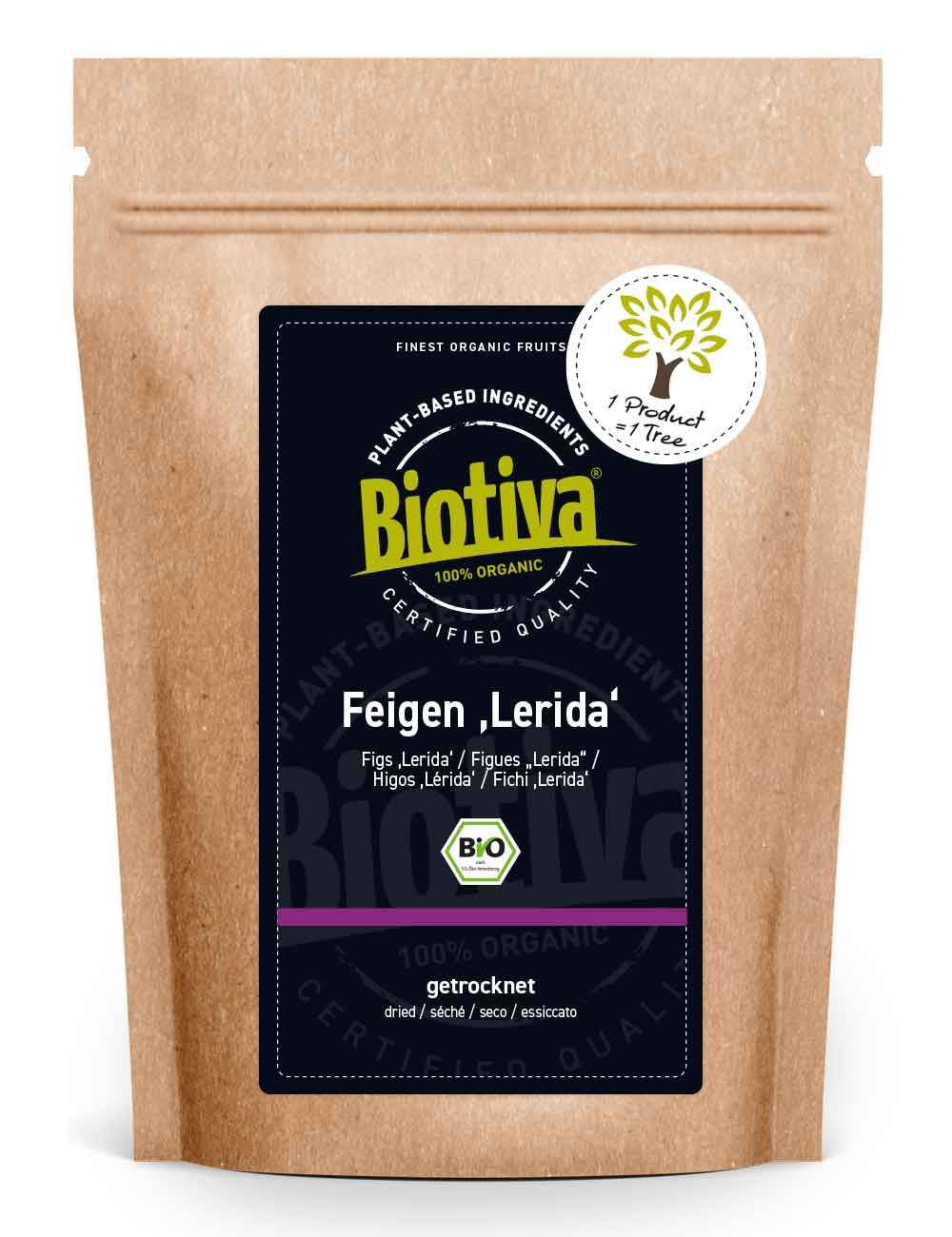 Braune Papiertüte mit schwarzem Etikett. Biotiva-Logo, Feigen, Lerida, Bio-Siegel und 100% Organic.
