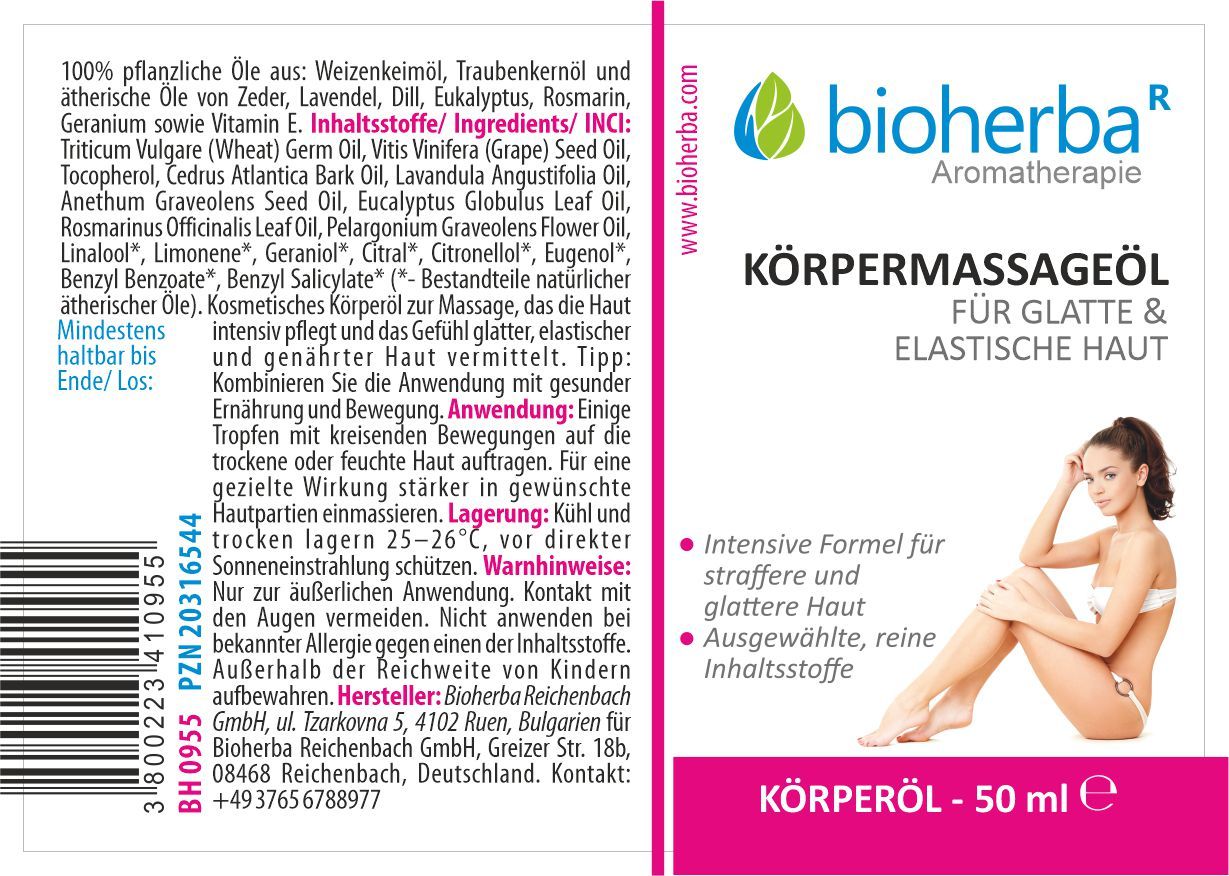 Produktetikett mit Text und Frau. Enthält Informationen zu Inhaltsstoffen, Anwendung und Hersteller. Marke: Bioherba.