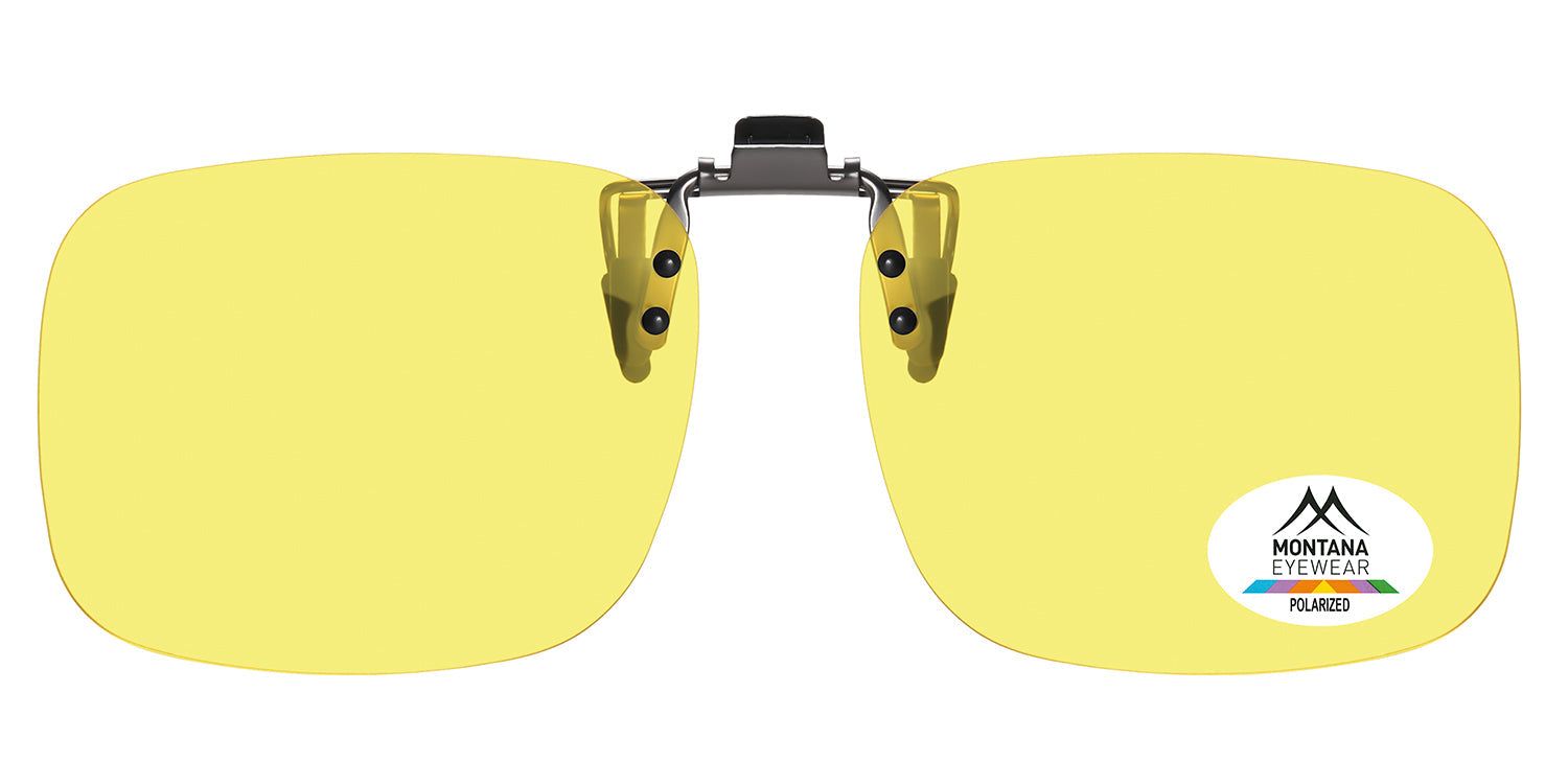 Gelbe Montana Eyewear Tofino Clip-on-Sonnenbrille. Rechteckige Gläser, Metallrahmen, Polarized-Logo.