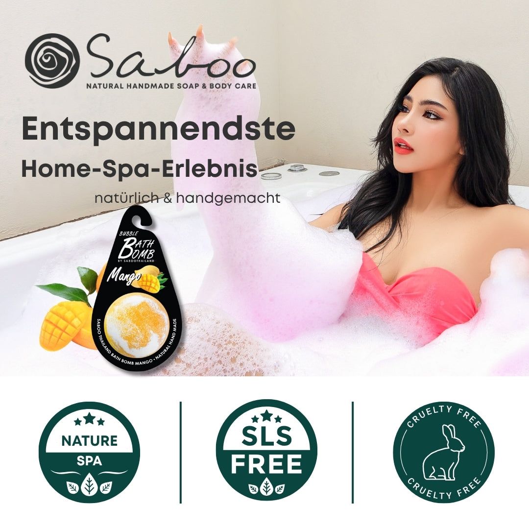 Frau in Badewanne mit Schaum. Produktetikett mit Mango-Badeschaumbombe. Logos: Nature Spa, SLS Free, Cruelty Free.