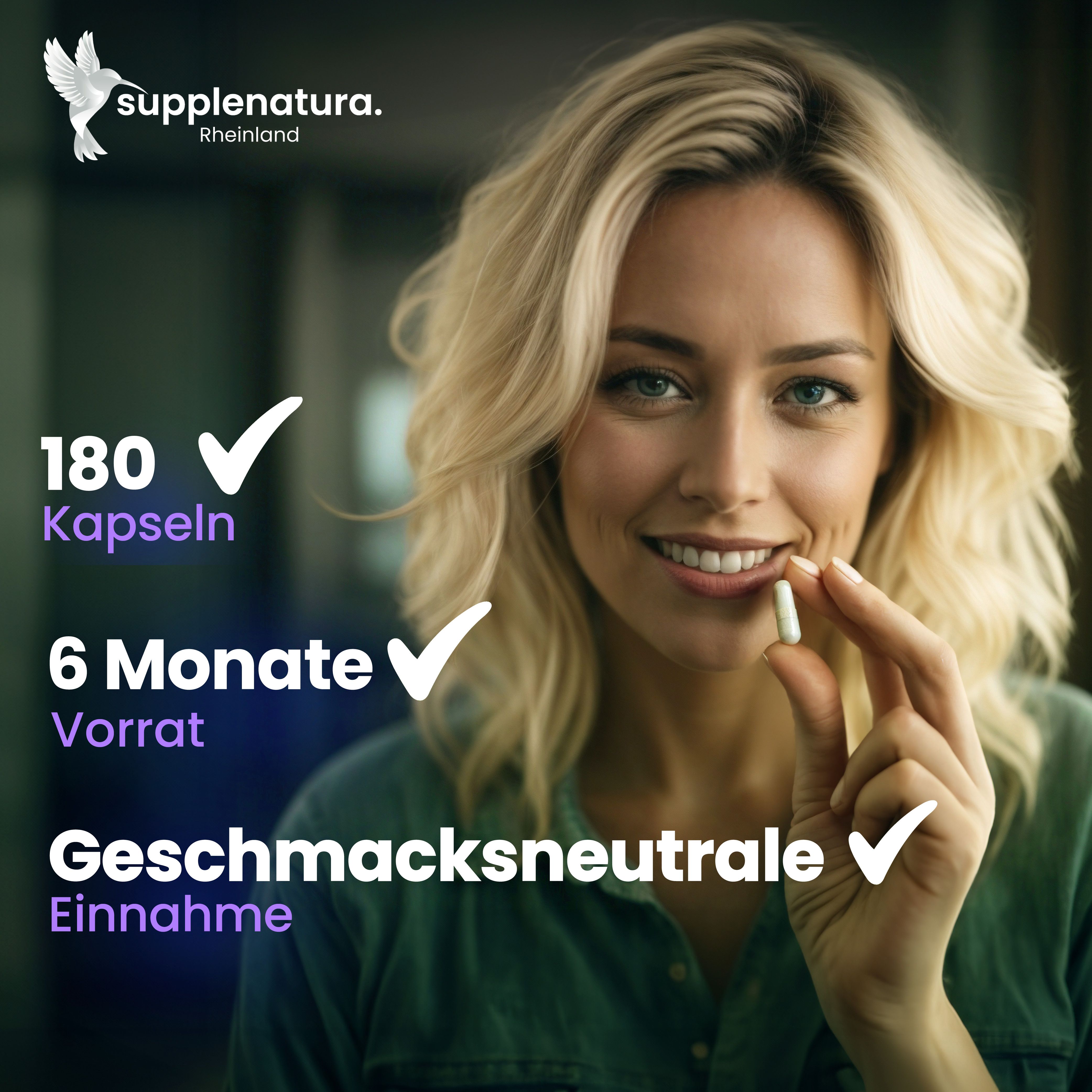 Frau hält Kapsel. Text: 180 Kapseln, 6 Monate Vorrat, geschmacksneutrale Einnahme.
