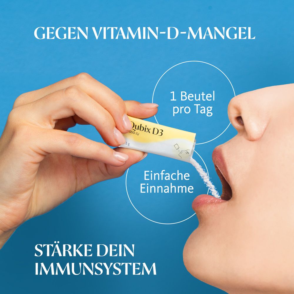 Hand hält Beutel Qubix D3, Inhalt in Mund. Text: Gegen Vitamin-D-Mangel, 1 Beutel pro Tag, Einfache Einnahme, Stärke dein Immunsystem.