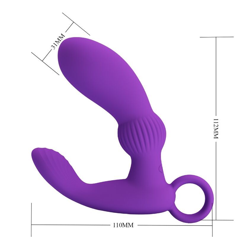 Lila Analvibrator mit Größenangaben: 110mm breit, 112mm hoch, 31mm breit. 