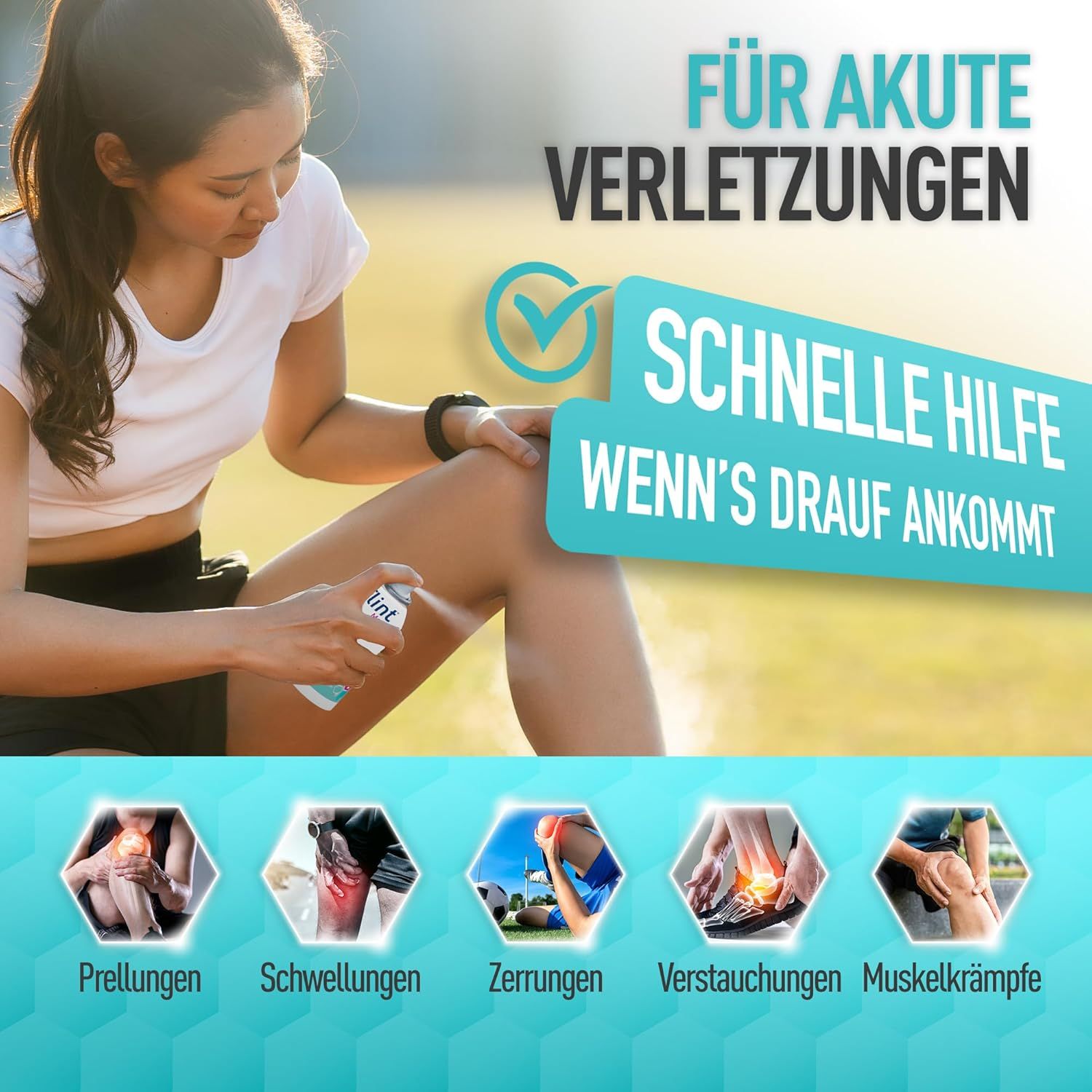 Frau sprüht Spray auf Bein. flint Med Spray. Text: Schnelle Hilfe. Illustrationen: Prellungen, Schwellungen, Zerrungen, Verstauchungen, Muskelkrämpfe.