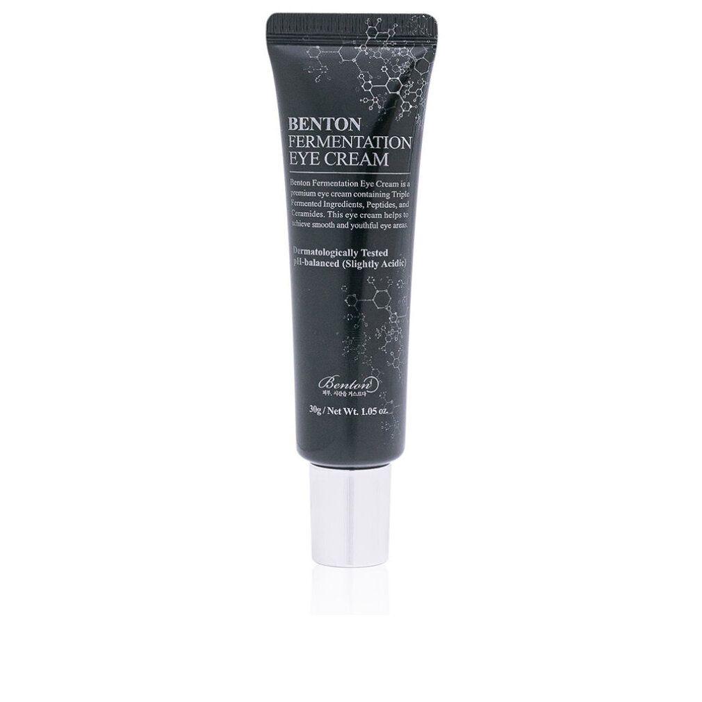 Schwarze Tube mit silbernem Deckel. Aufschrift: Benton Fermentation Eye Cream. "Dermatologisch getestet".