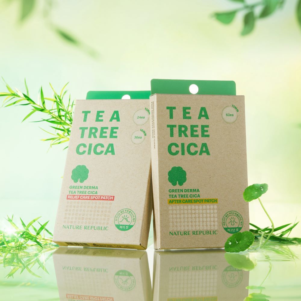 Zwei Kartonverpackungen TEA TREE CICA. Grün-braune Farbgebung. Marke NATURE REPUBLIC. Pflasterpackungen mit grünen Blättern dekoriert.