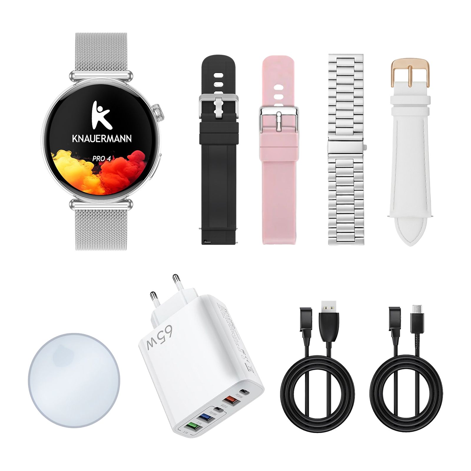 Smartwatch mit Zubehör: 3 Armbänder (schwarz, rosa, silber), weißes Armband, Ladegerät, Ladekabel, kabelloses Ladepad.