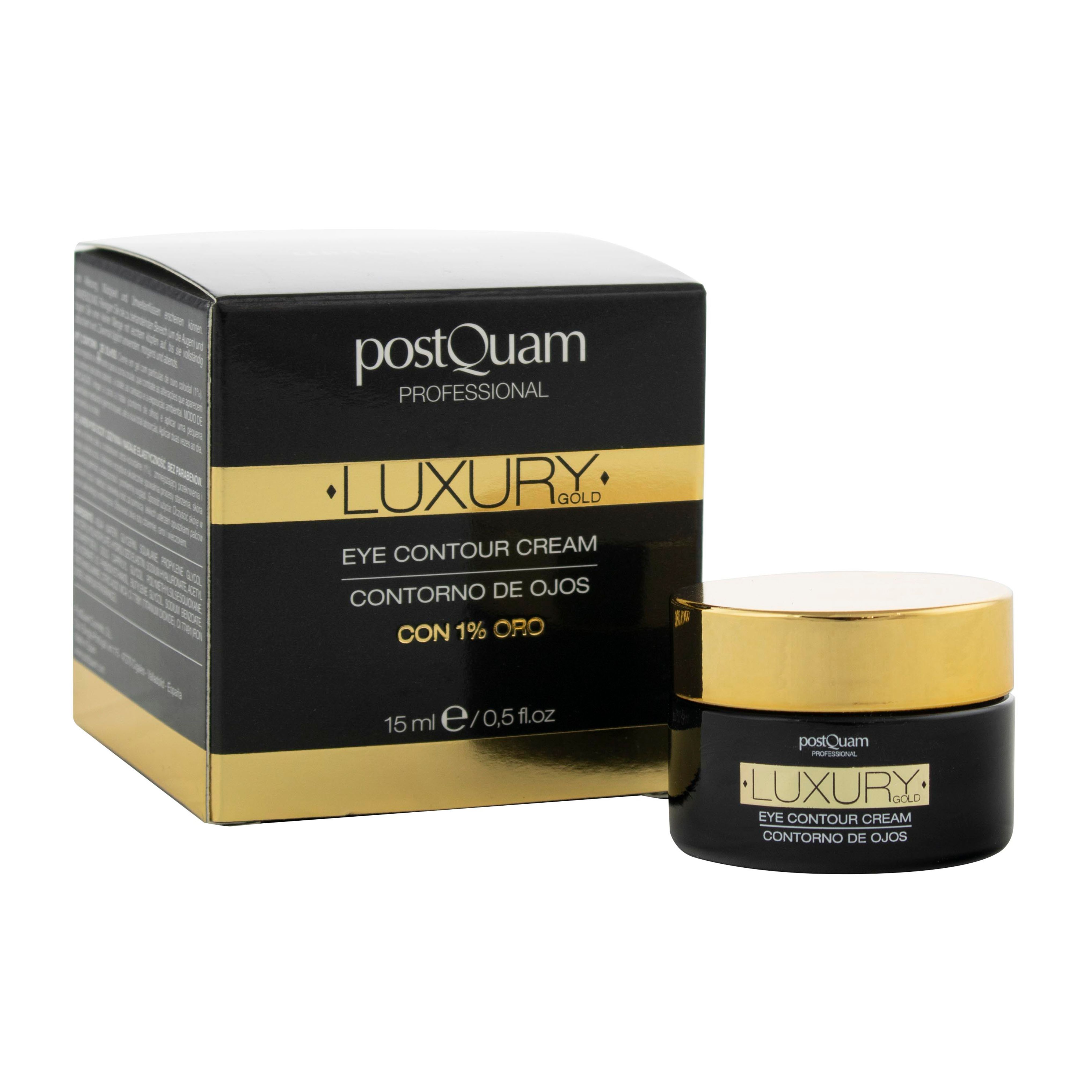Schwarze Schachtel und Tiegel. Aufschrift: LUXURY GOLD EYE CONTOUR CREAM. Marke: postQuam. Mit 1% Gold.