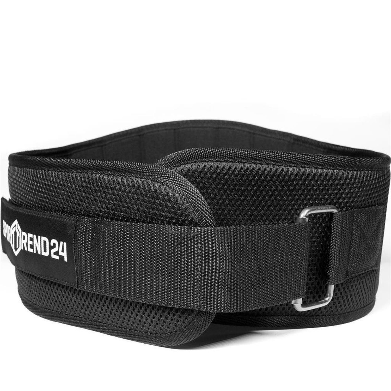 Schwarzer Gewichthebergürtel mit Logo. Mesh-Material, Klettverschluss und Metallschnalle. Marke: Sporttrend24.