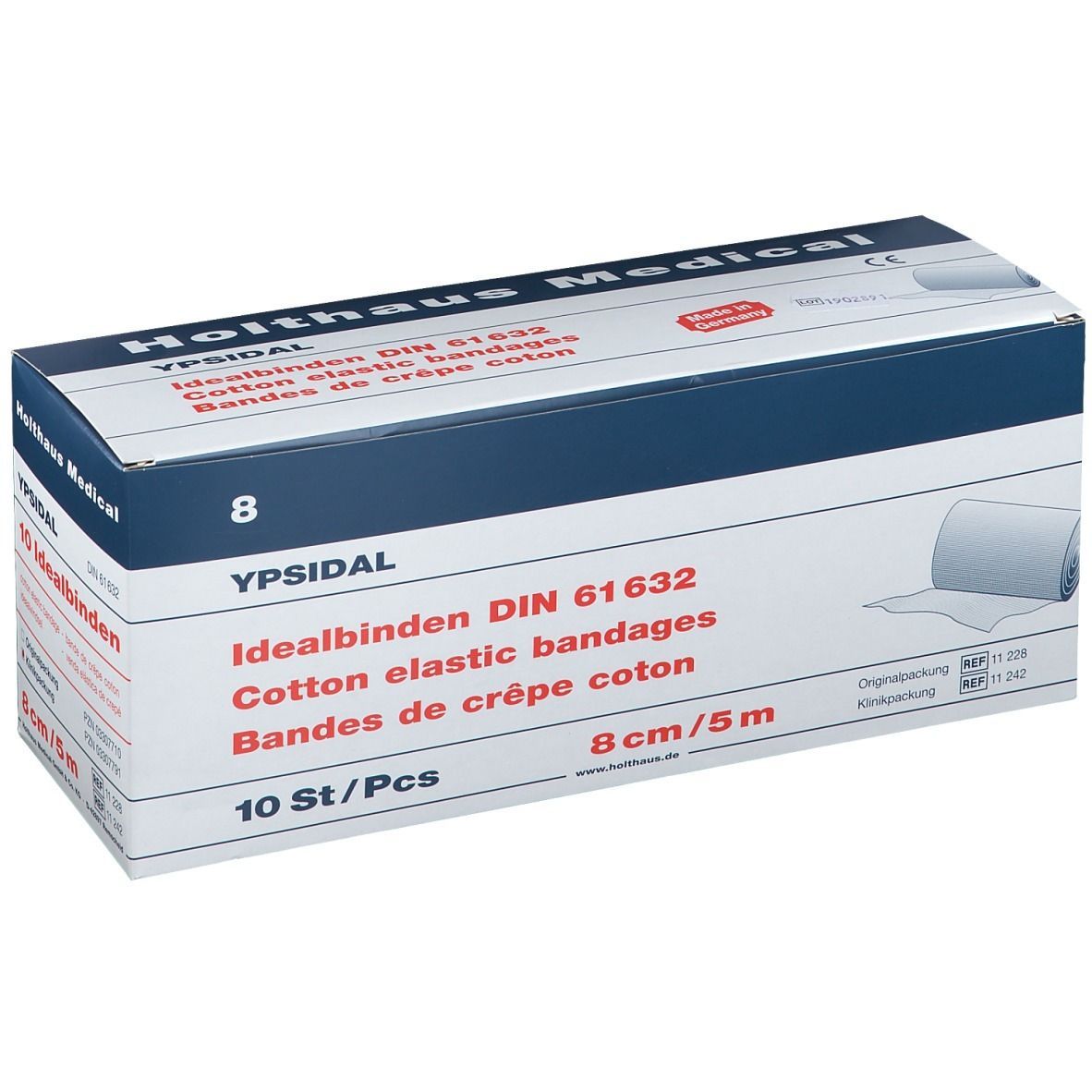 Verpackung von Holthaus Medical YPSIDAL Idealbinden. Enthält 10 Stück, 8 cm x 5 m. Aufdrucke: Idealbinden, DIN 61632, Baumwoll-elastische Bandagen.