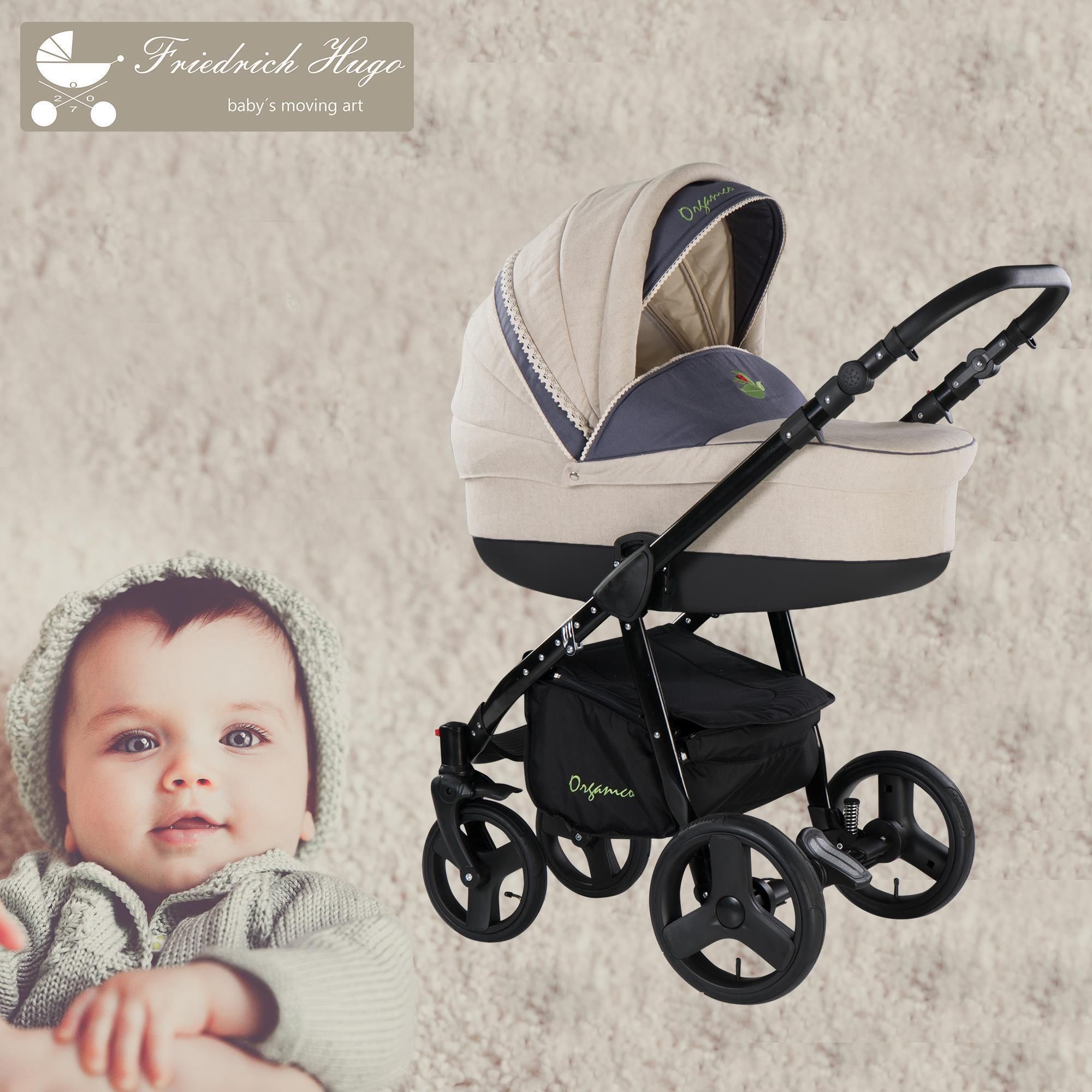 Friedrich Hugo Organico 2 in 1 Kombikinderwagen, Nature Mix Beige - Gestell Schwarz