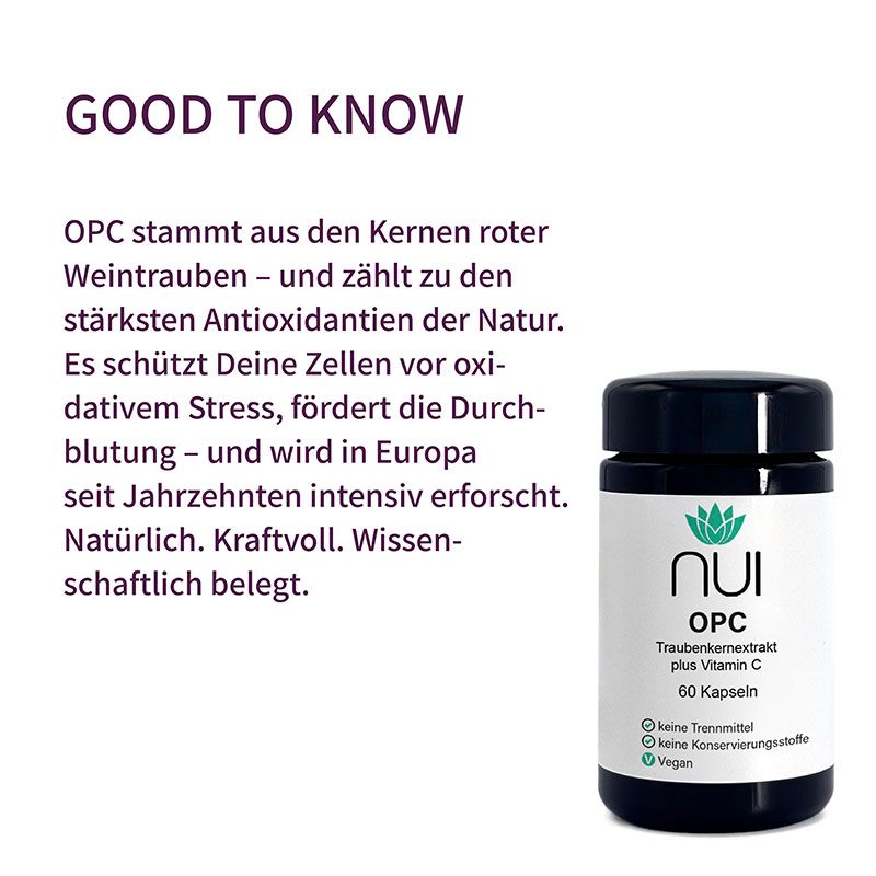 Eine Flasche NUI OPC Traubenkernextrakt. Schwarzer Deckel, weißes Etikett mit Logo und Produktinformationen. 60 Kapseln.