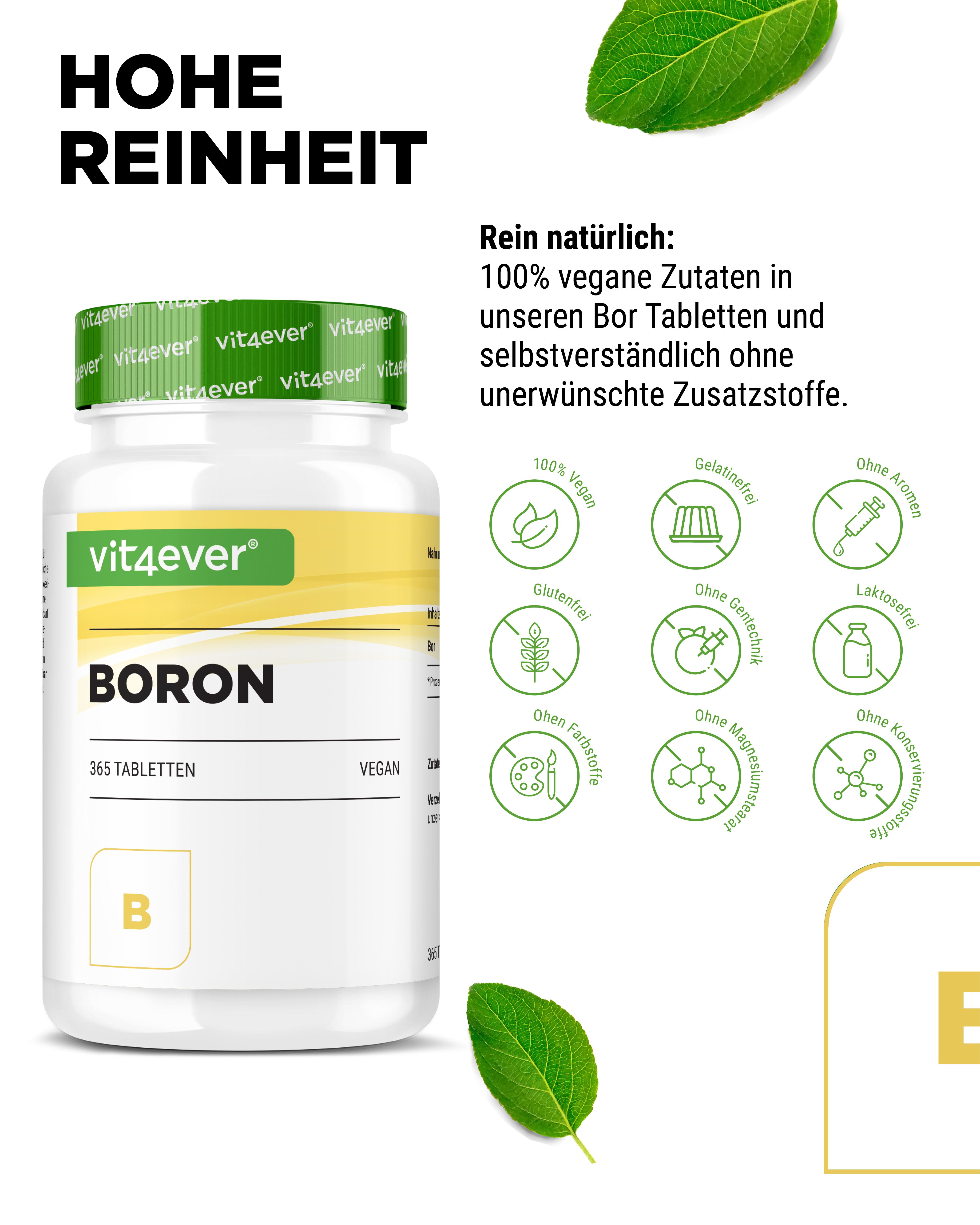 Vit4ever Boron-Behälter mit grünem Deckel. Aufschrift: Boron, 365 Tabletten, Vegan. Logos: vegan, glutenfrei, ohne Aromen.