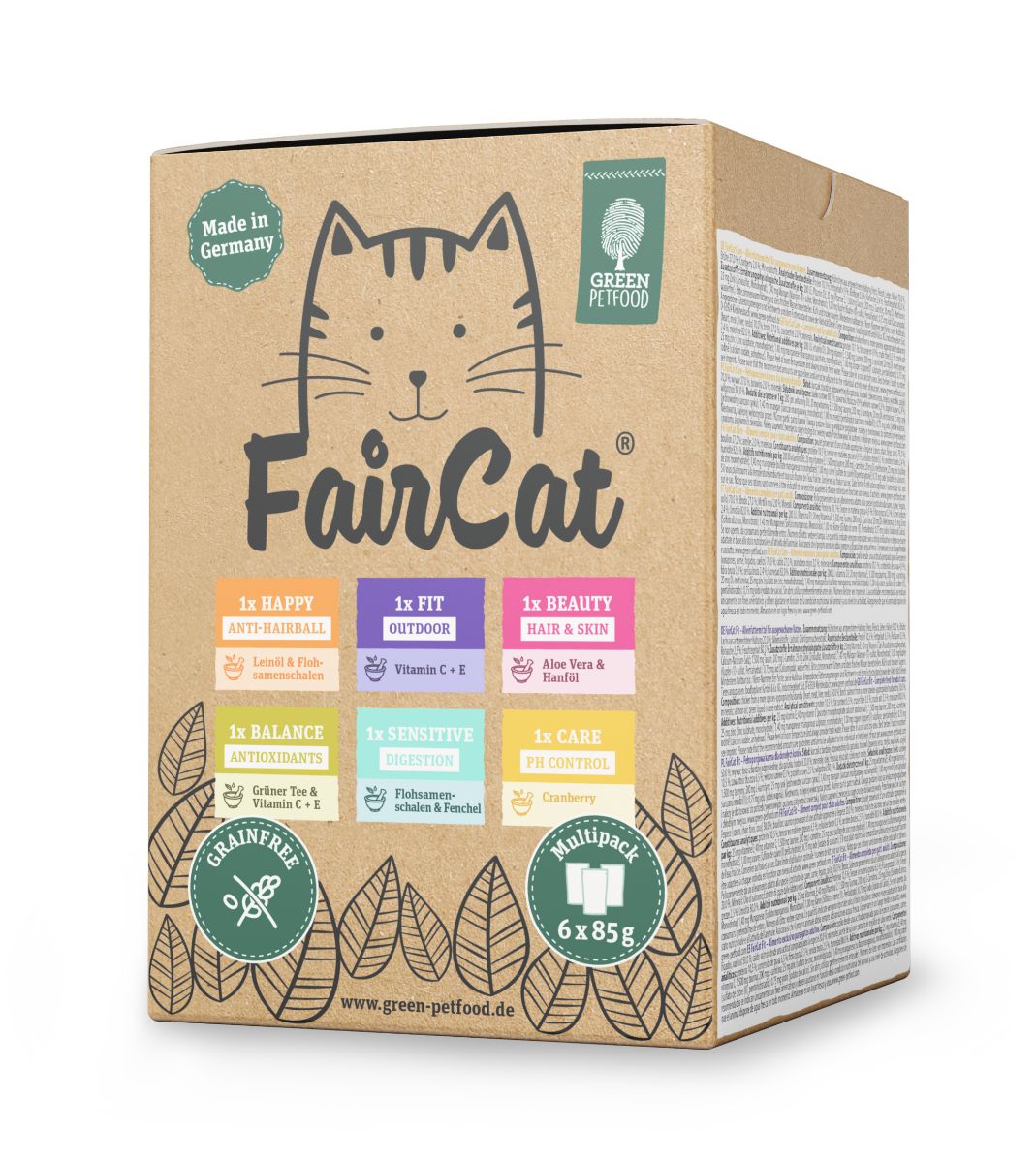 FairCat Multipack-Box aus Karton. Aufdrucke: Katze, verschiedene Geschmacksrichtungen, 6x85g, Made in Germany, Grainfree.