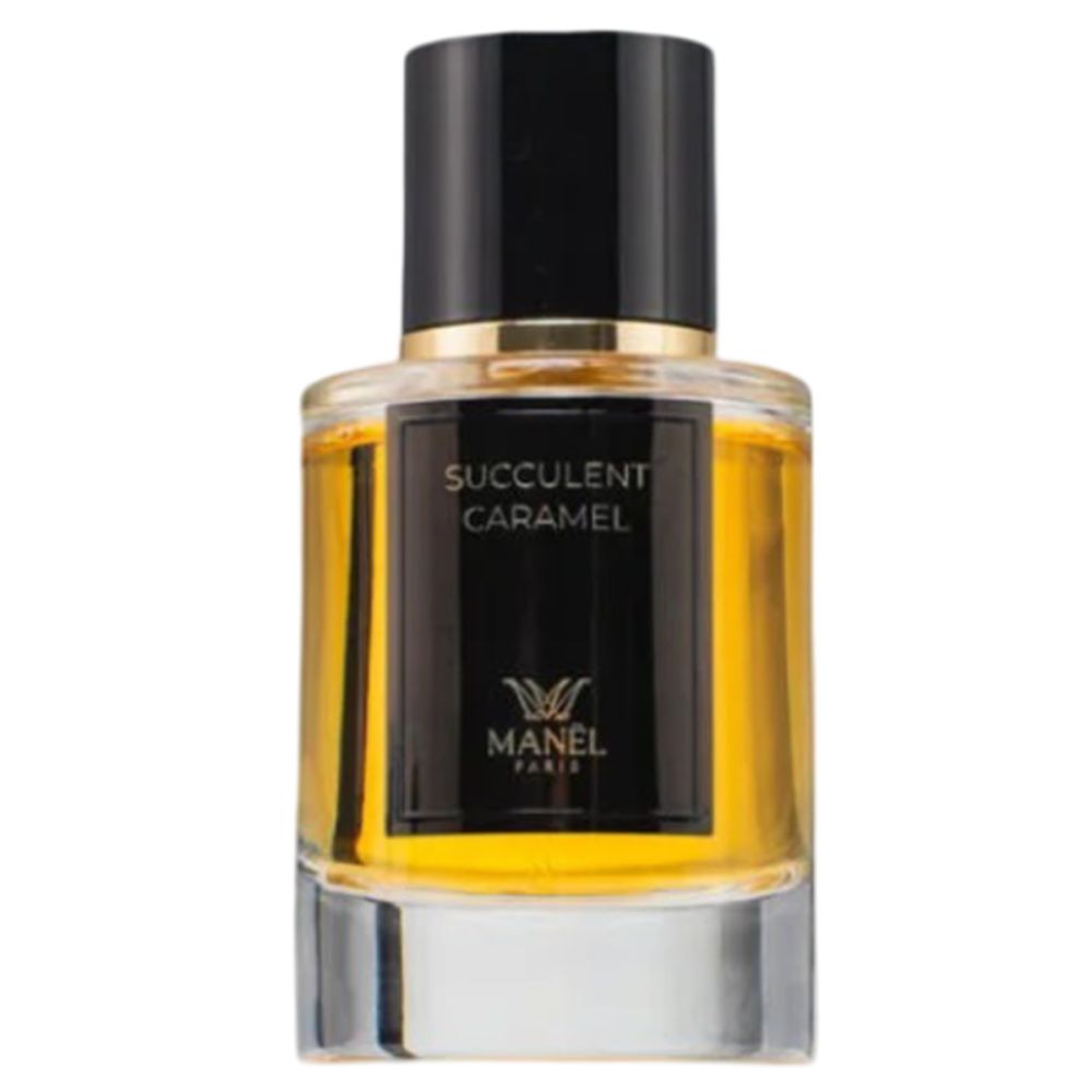 Glasflakon mit schwarzem Deckel. Etikett mit Schriftzug "Succulent Caramel" und Logo. Flüssigkeit bernsteinfarben.