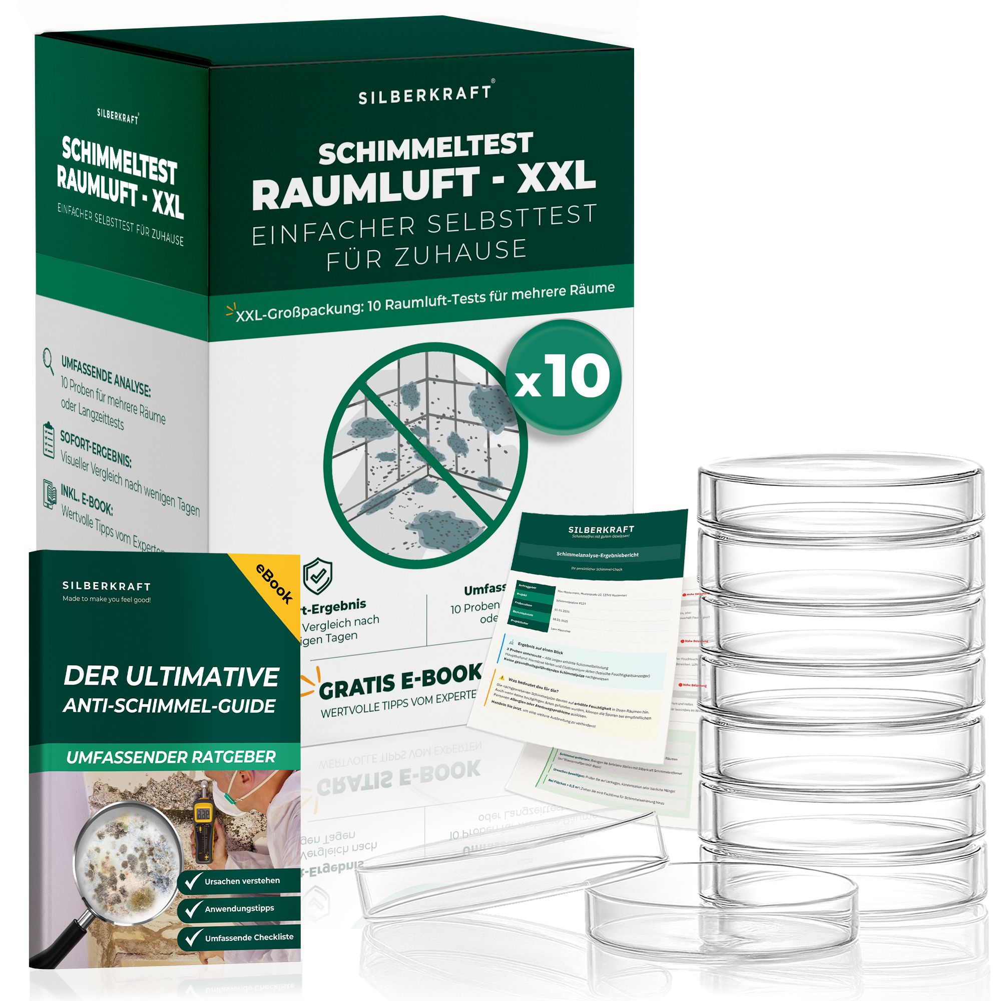 Produktverpackung und Zubehör. Box mit Aufschrift Schimmeltest Raumluft XXL. Enthält 10 Tests, eBook und Petrischalen.