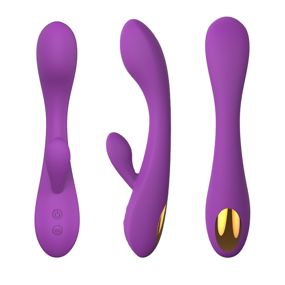 Drei Ansichten eines lila Vibrators. Er hat eine gebogene Form mit zwei Enden. Goldfarbene ovale Form am Ende. Knöpfe sichtbar.