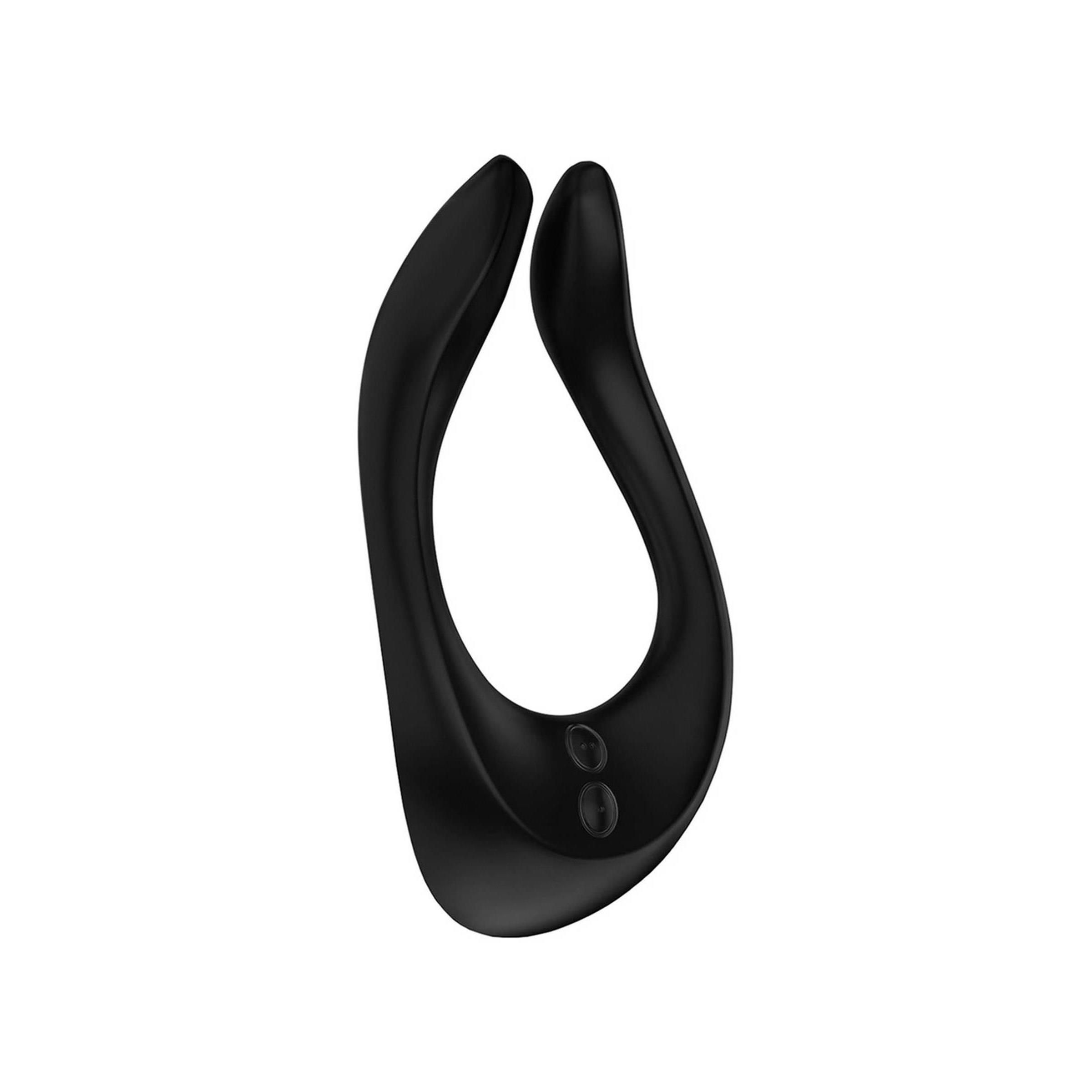 Schwarzer Multi Vibrator, Nahaufnahme. Zwei abgerundete Enden, zwei Knöpfe.