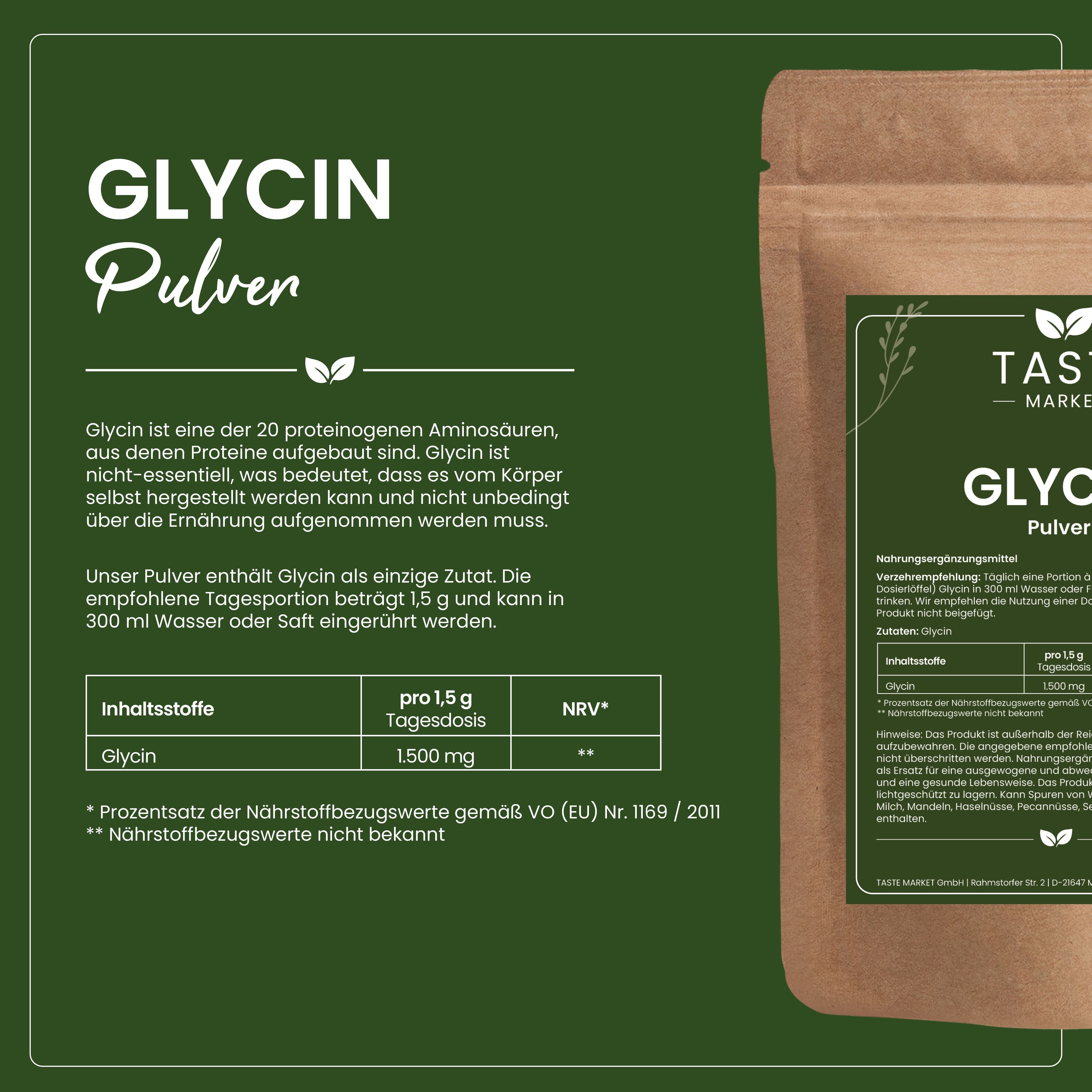 Taste Market Glycin Pulver: Beschreibung, Inhaltsstoffe und Nährwertangaben auf brauner Verpackung.