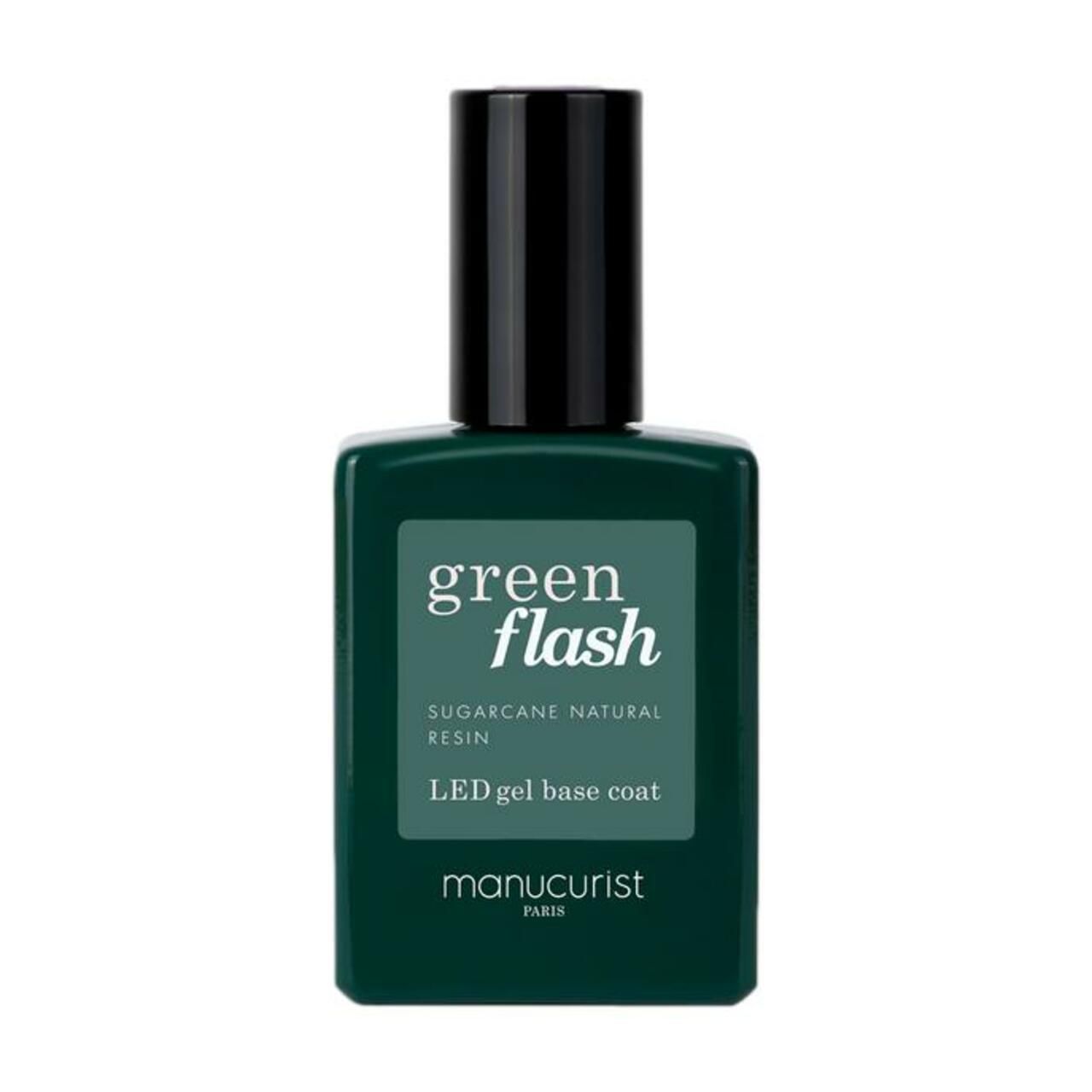 Grüne Flasche mit schwarzem Deckel. Aufschrift: Green Flash, LED Gel Base Coat, Manucurist.