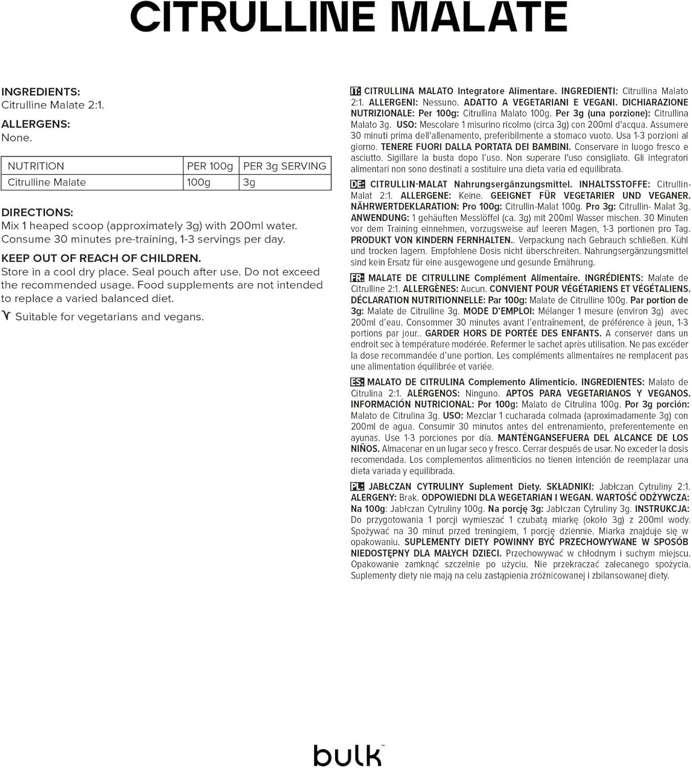 Etikett mit Informationen zu Citrulline Malate 2:1. Enthält Zutaten, Allergene, Nährwertangaben und Anwendungshinweise.