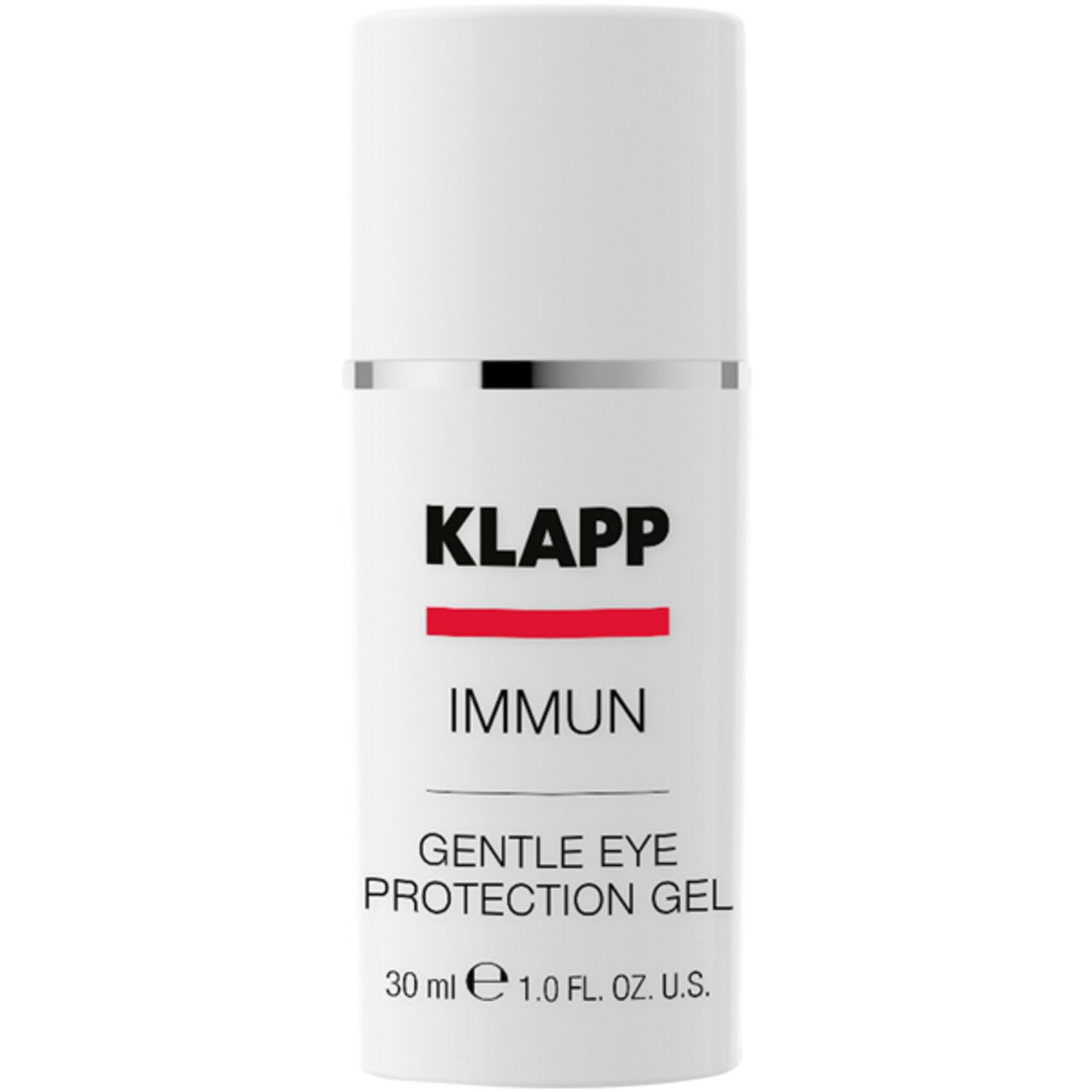 Weißer Zylinder mit silbernem Ring. Schwarzer Schriftzug: KLAPP, IMMUN, Gentle Eye Protection Gel. Roter Strich. 30 ml.