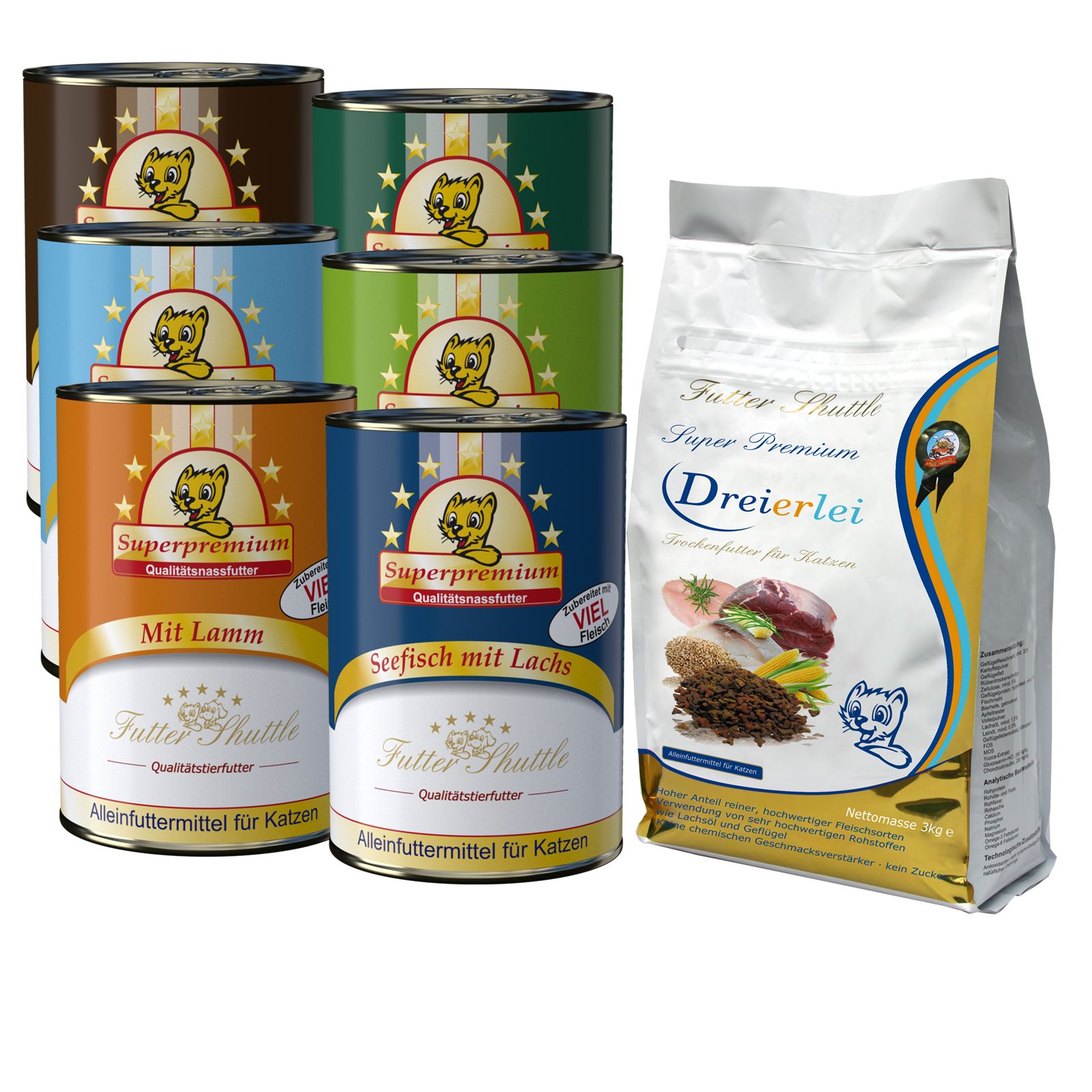 Gemischtes Katzenfutter Sparpaket. Mehrere Dosen und eine Tüte. Dosen mit Aufschrift "Superpremium", "Mit Lamm", "Seefisch mit Lachs". Tüte mit "Dreierlei".