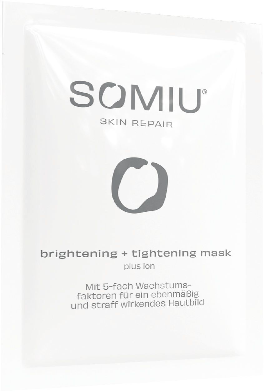 Weiße Verpackung mit SOMIU-Logo und Text: brightening + tightening mask plus ion. Enthält 5-fach Wachstumsfaktoren.