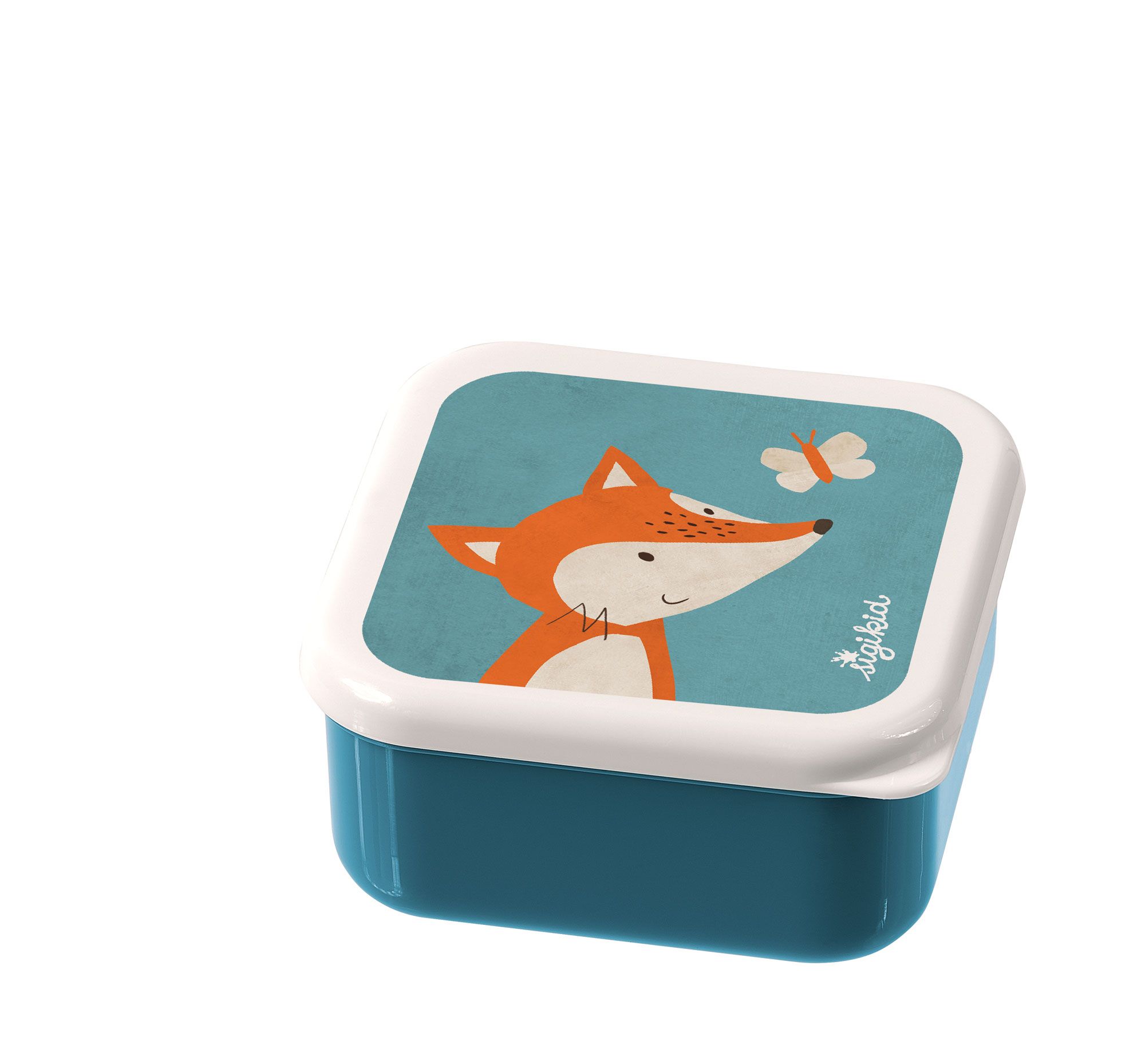 Blaue Snackbox mit Fuchs-Motiv. Deckel mit Fuchs-Illustration und Schmetterling. Marke: sigikid.