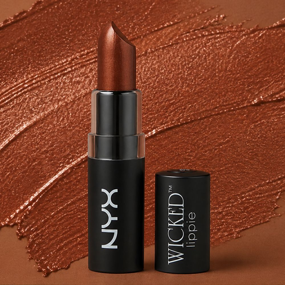 Nyx Metallischer Lippenstift Wicked Lippies in Bronze auf bronzefarbener Textur.