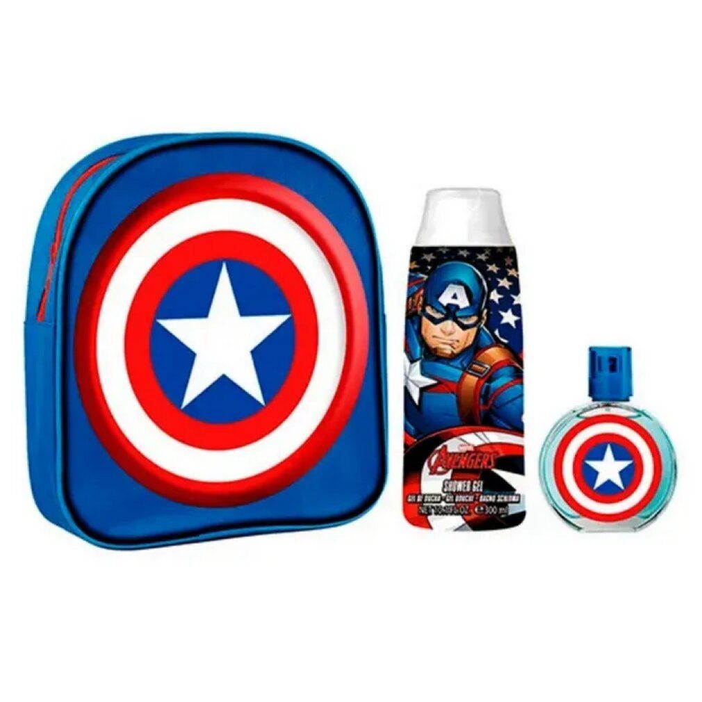 Set mit drei Artikeln. Blauer Rucksack mit Captain America Schild. Duschgel mit Captain America. Eau de Toilette mit Schild.