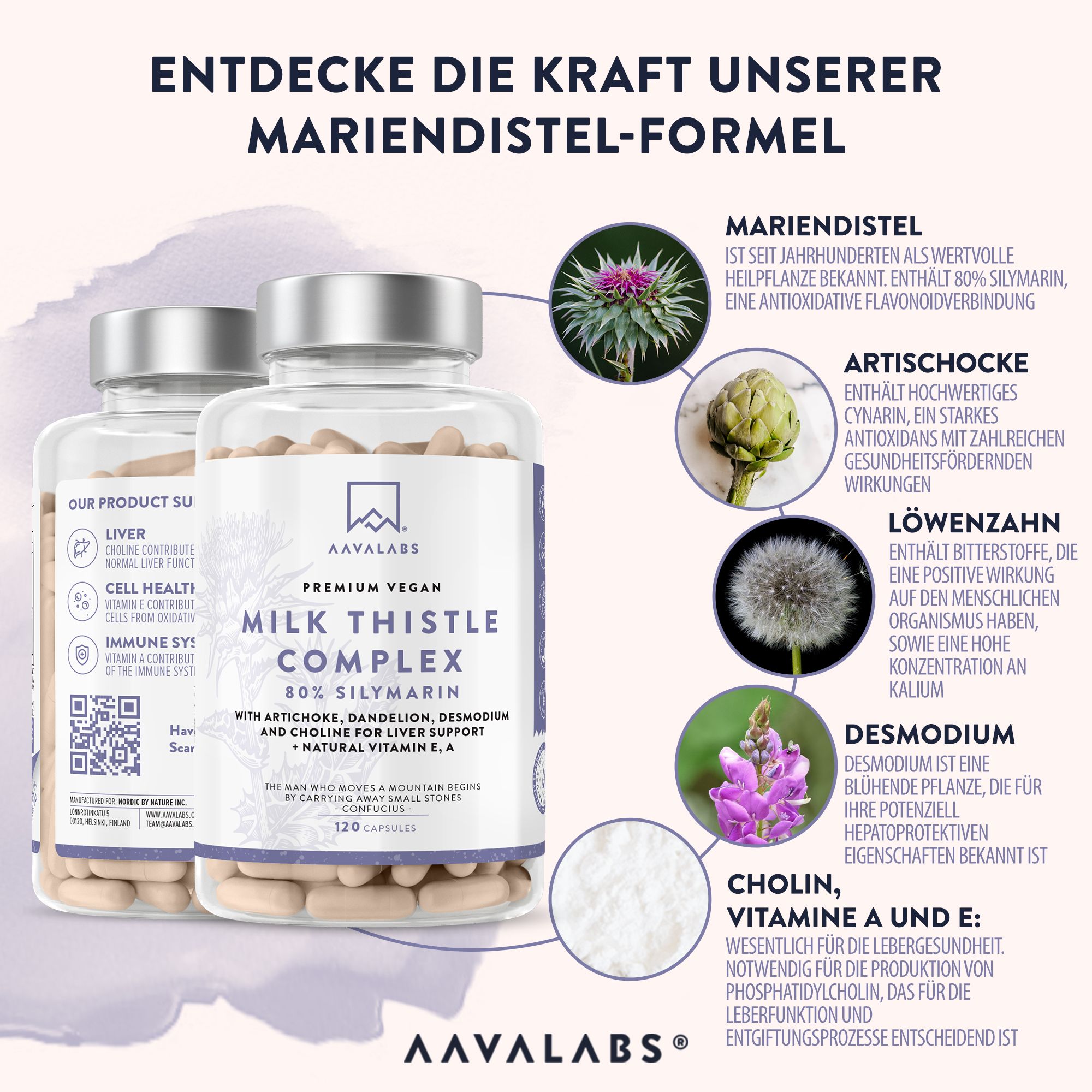 Zwei Kapsel-Glasflaschen. Informationen über Inhaltsstoffe. AAVALABS Logo.