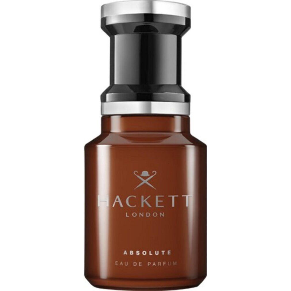 Hackett Absolute Eau de Parfum Flakon. Braunes Glas mit silbernem und schwarzem Verschluss.