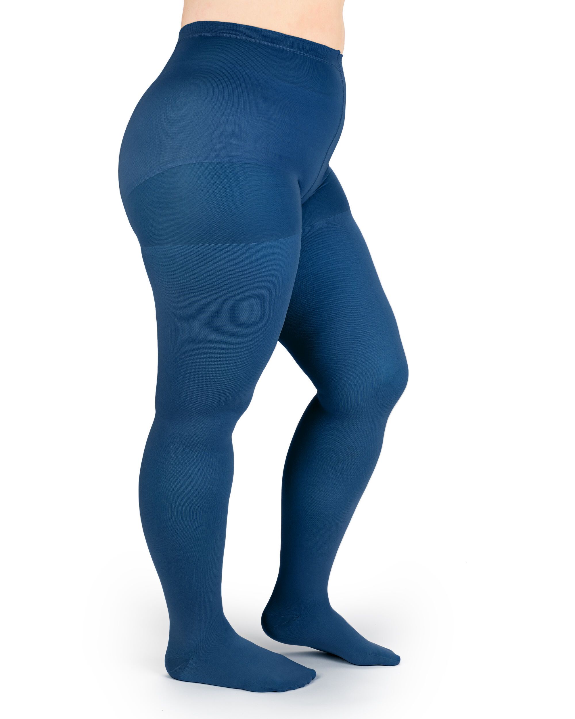 Dunkelblaue Kompressionsstrumpfhose. Seitenansicht einer Person. Sichtbare Merkmale: Farbe, Material, Form.