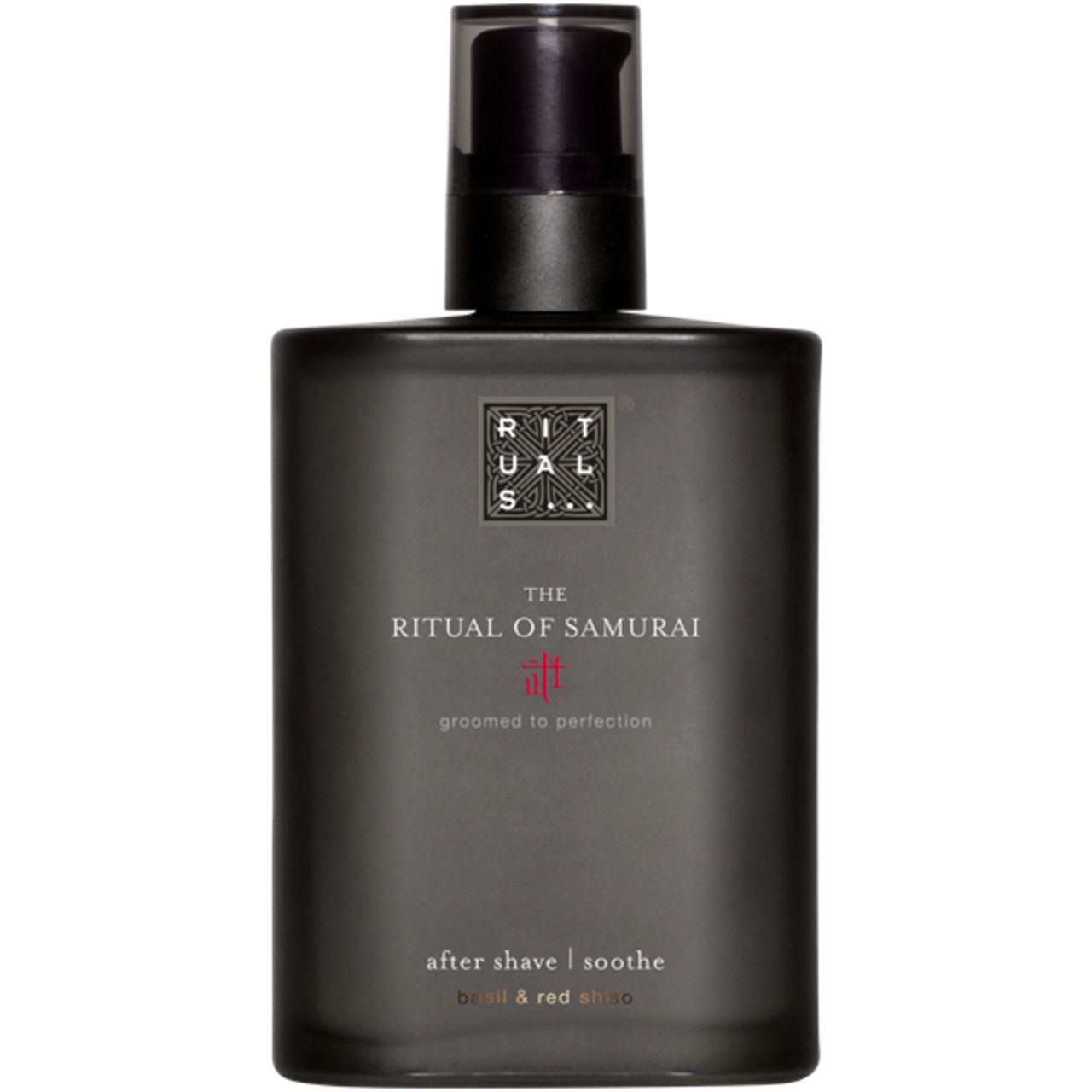 Dunkelgraue Flasche mit schwarzem Pumpverschluss. Aufschrift: Rituals, The Ritual of Samurai, After Shave Soothe.
