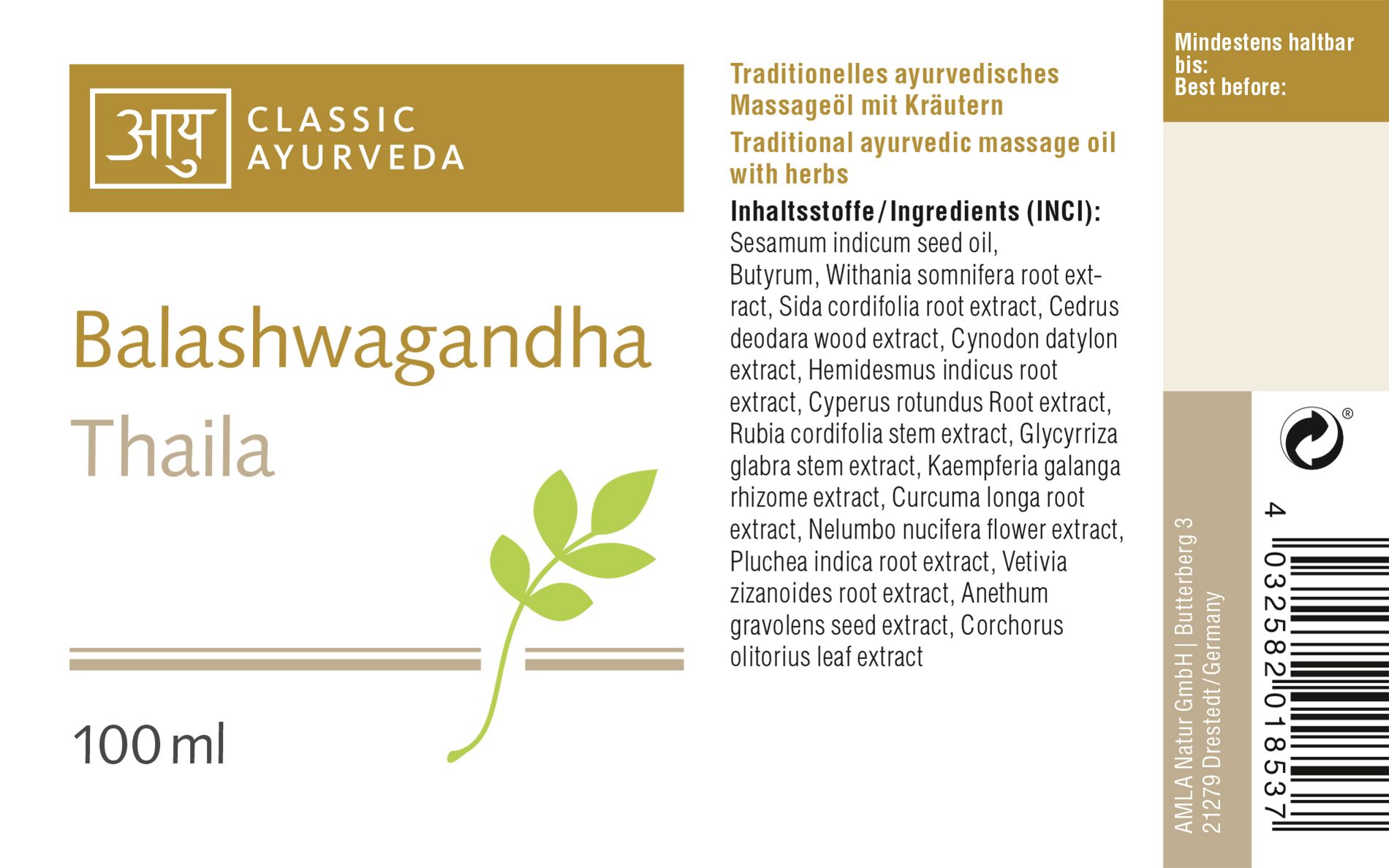 Classic Ayurveda - Balashwagandha Thaila Körper-Massageöl 100 ml