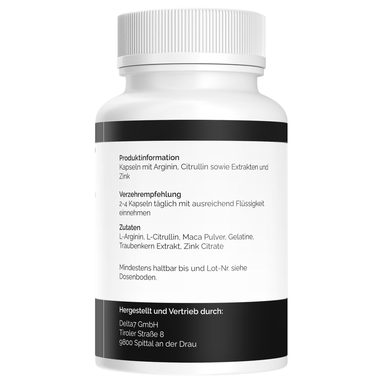 Rückseite Vesax Testo Booster Dose mit Produktinformationen, Verzehrempfehlung und Herstellerangaben.