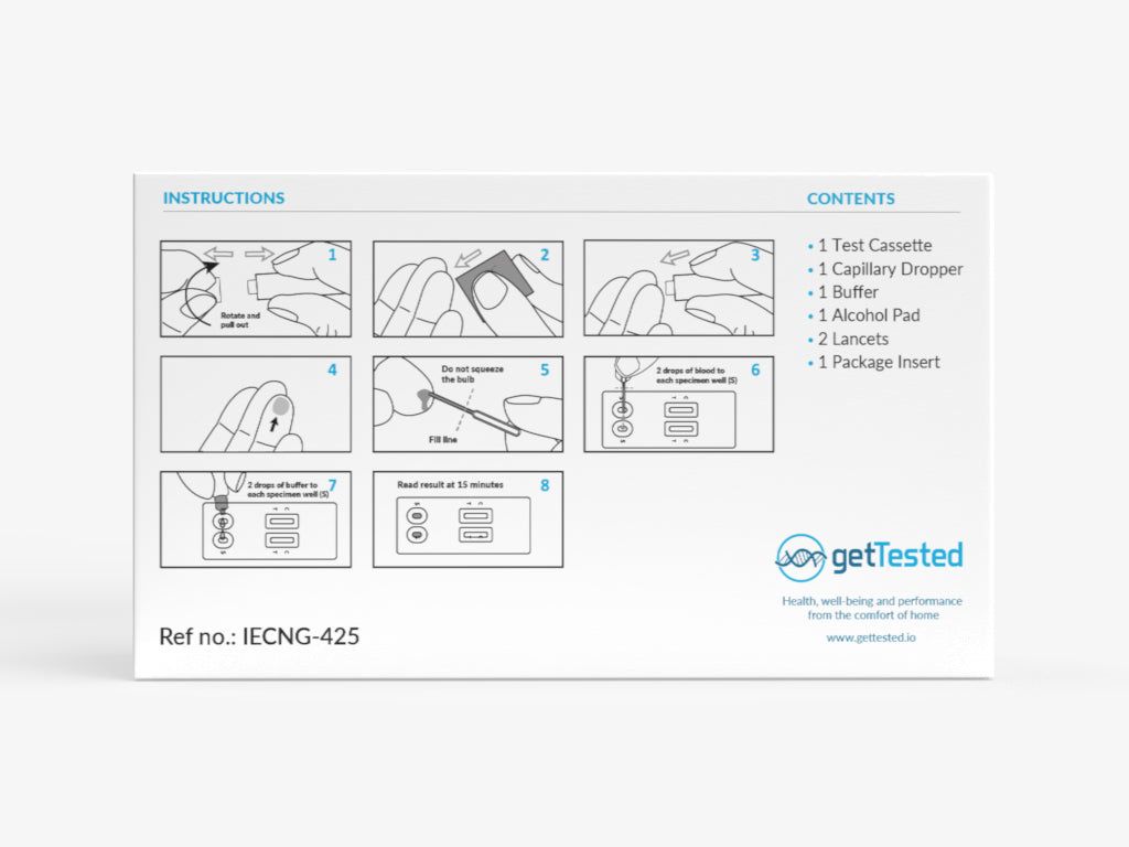 Verpackung mit Anweisungen und Inhaltsangabe. Enthält Testkassette, Tropfer, Puffer, Alkoholtupfer, Lanzetten und Packungsbeilage.