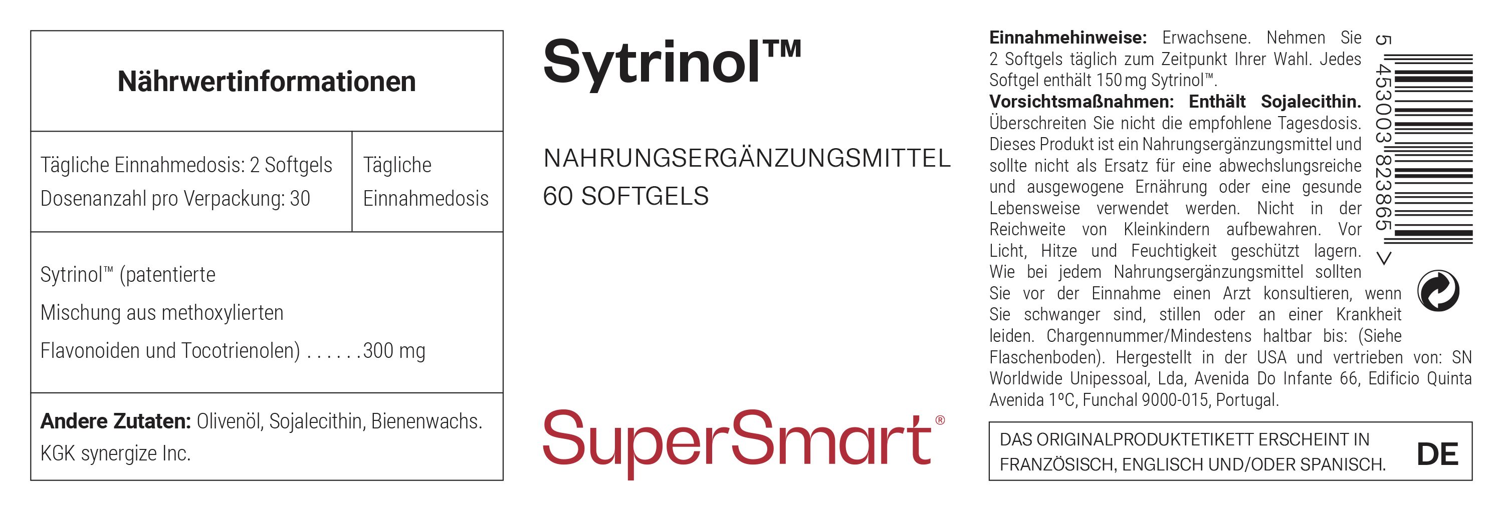 Etikett mit Produktinformationen. Sytrinol™, 60 Softgels. Enthält Sojalecithin. SuperSmart.