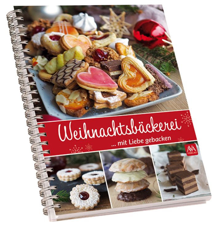 Spiralgebundenes Kochbuch mit dem Titel "Weihnachtsbäckerei". Auf dem Cover Gebäck und der Schriftzug "mit Liebe gebacken".