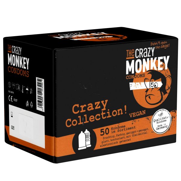 Schwarze Schachtel mit "Crazy Monkey" Kondomen. Aufschrift "Crazy Collection!" und "50 Kondome". Vegan, mit Qualitätszeichen "Made in Germany".