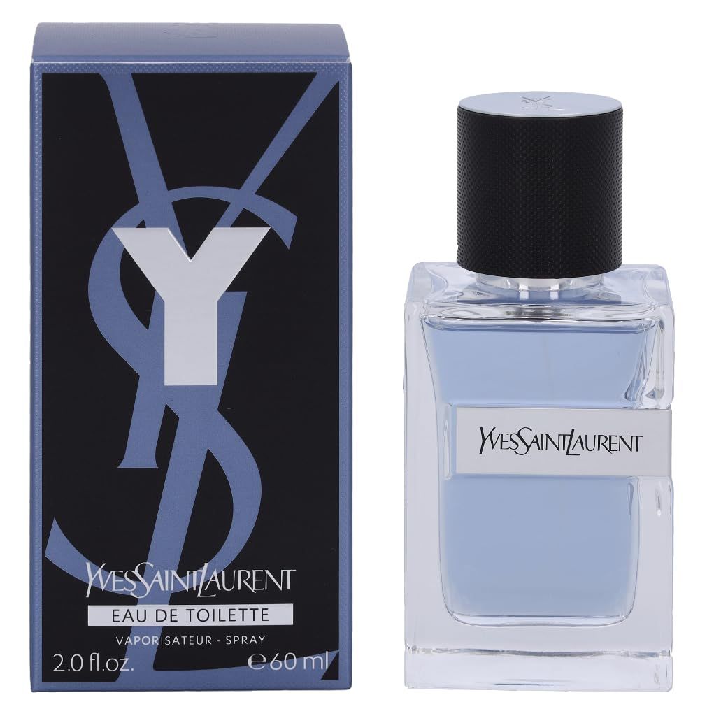 Flakon und Verpackung von Yves Saint Laurent Y Men EdT. Rechteckiger Flakon mit schwarzem Verschluss. Blaue Flüssigkeit. Verpackung mit YSL-Logo.