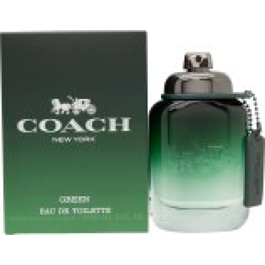 Coach Green Eau de Toilette Flakon und Verpackung. Flakon mit silbernem Verschluss und Anhänger.