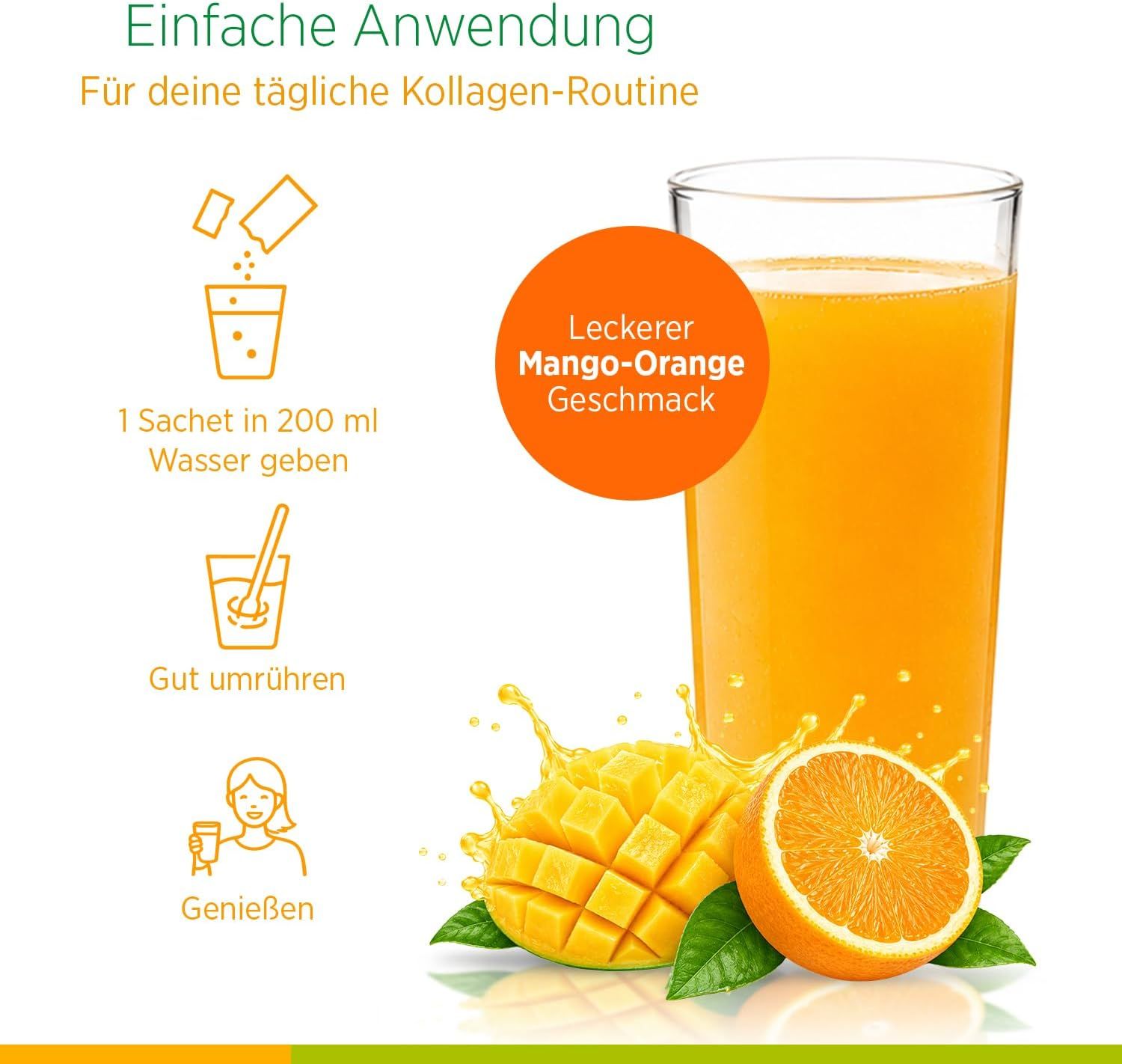 Anwendung: 1 Beutel in 200ml Wasser geben, umrühren, genießen. Mango-Orange Geschmack.