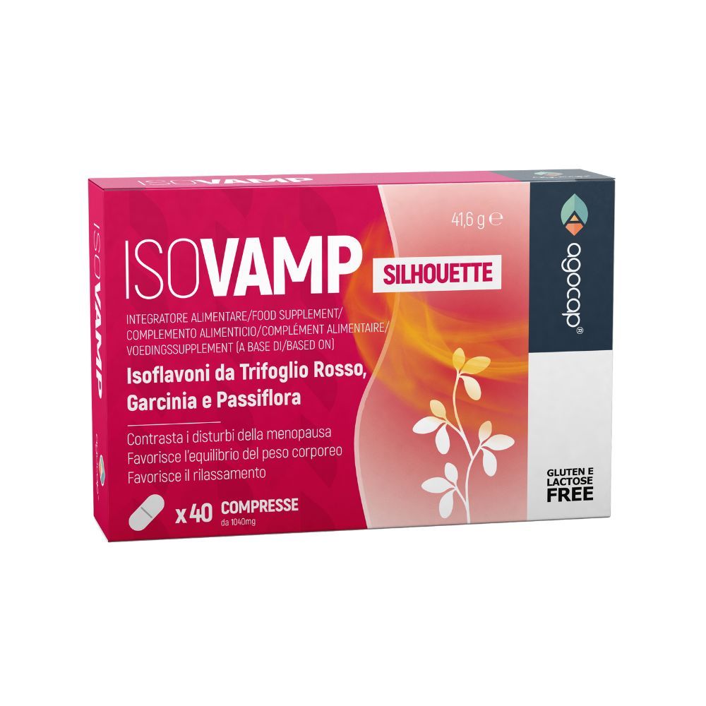 Scatola rosa con nome e logo del prodotto. Contiene compresse. Testo: Isoflavoni, Garcinia, Passiflora. Senza glutine e lattosio.