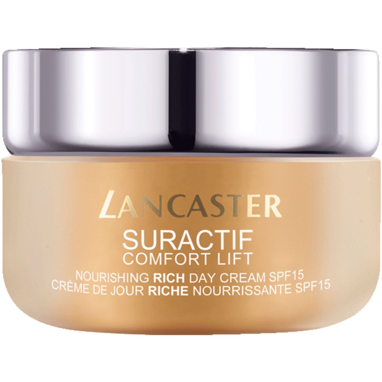 Creme-Tiegel mit silbernem Deckel. Aufschrift: Lancaster, Suractif Comfort Lift, Nourishing Rich Day Cream SPF15.