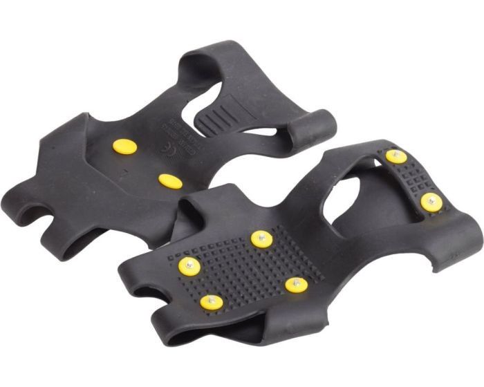 Schuhspikes, schwarz, mit gelben Spikes. Zwei Stück, aus Gummi. Für Schuhgrößen 41-43.