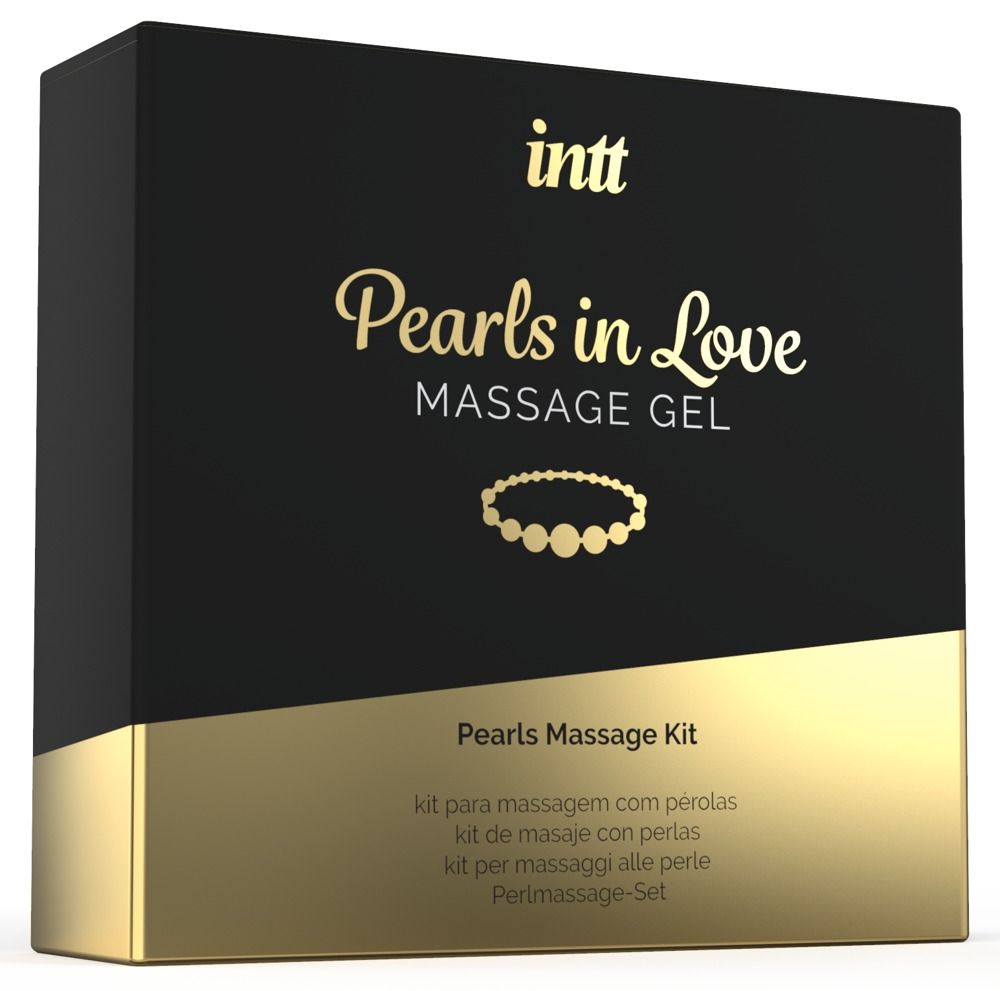 Schwarze Box mit goldfarbenem Streifen. Aufschrift: intt, Pearls in Love Massage Gel. Untertitel: Pearls Massage Kit.