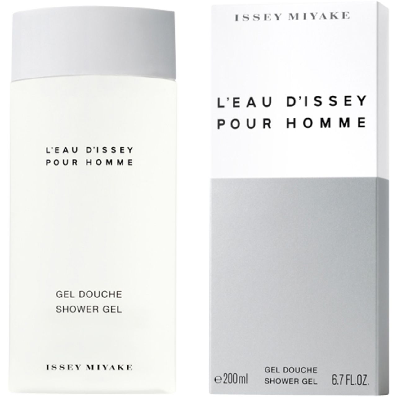 Gel douche blanc avec texte L'Eau d'Issey pour Homme. Issey Miyake est visible sur l'emballage.