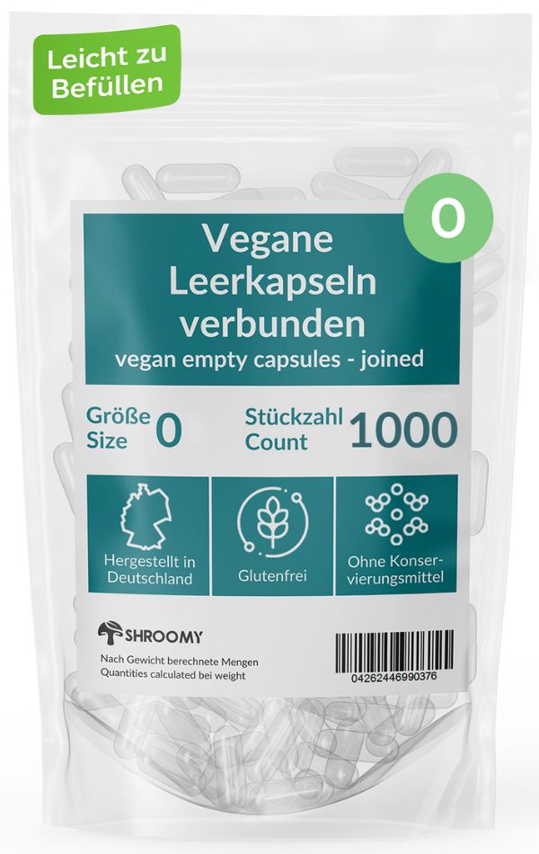 Transparente, vegane Leerkapseln Größe 0 in einer Plastikverpackung. Aufdrucke: "Vegan", "Glutenfrei", "Ohne Konservierungsstoffe", "1000 Stück".